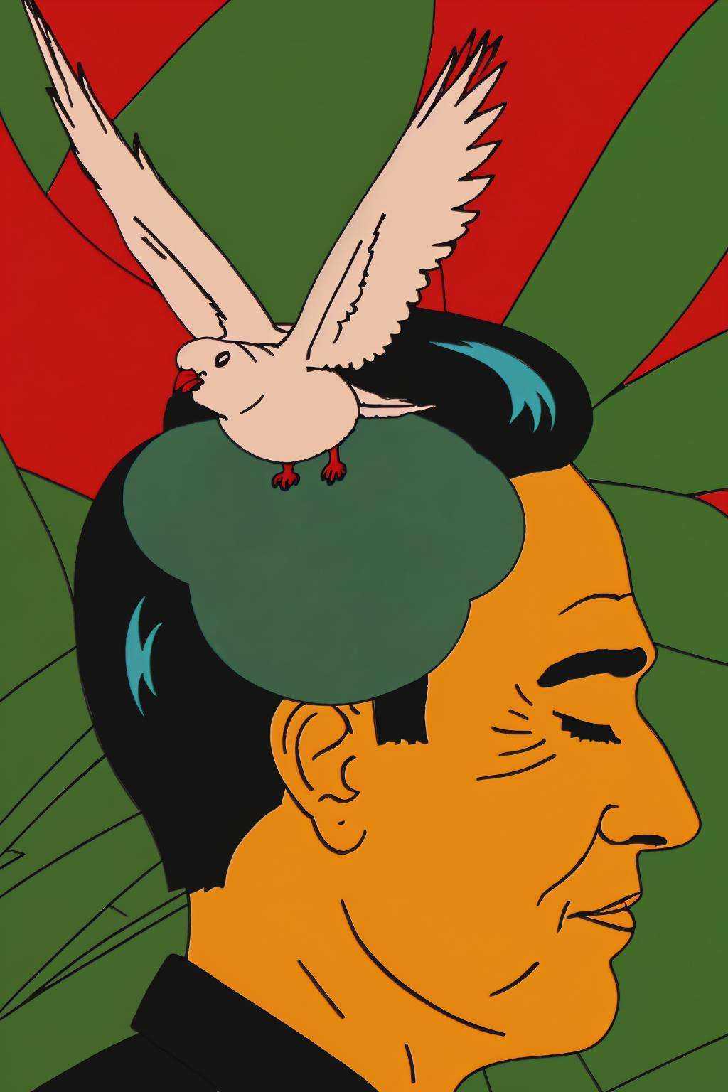 a cartoon character with a bird on his head ,  closed eyes,  no humans on Tensor.Art