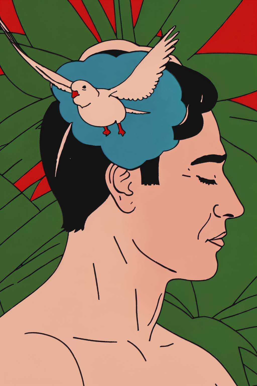 a painting of a man with a bird on his head ,  1boy,  closed eyes on Tensor.Art