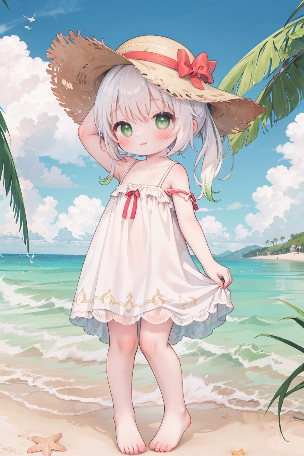(toddler,female child:1.5),(solo:1.2),
beach, bow, full body, (straw hat), legs, long hair, looking at viewer, outdoors, red bow,ponytail,short hair, sand, smile, barefoot,collarbone, (dress,summer dress:1.5),starfish, seashell,standing,
pointy ears,white hair,gradient white hair,light green eyes,open hands,