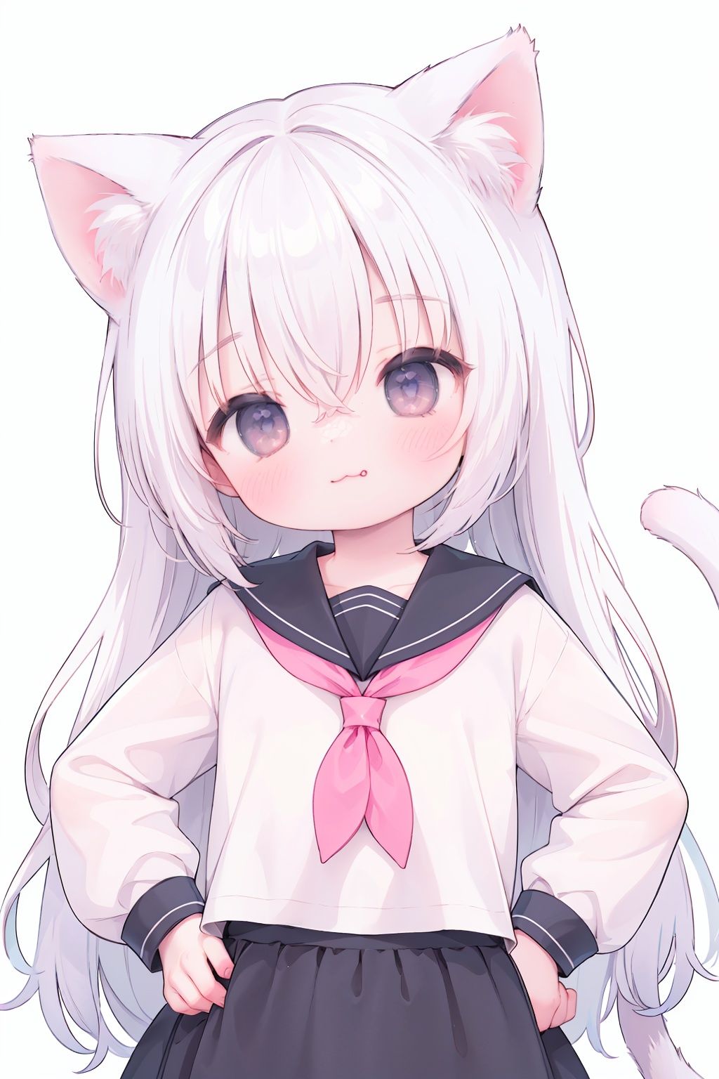 white background,simple background,
1girl,solo,(loli:1.3),Kawaii,(petite girl:1.2),cat girl,upper body,cute face,blush,arrogant,smug,swagger,stand upright,(head up,looking up),animal ears,tail,cat ears,animal ear fluff,cat tail,white hair,messy hair,wavy hair,(hair tucking),hai between eyes,long bangs,absurdly long hair,simple background,white background,blush,upper body,bangs,skirt,look at viewer,very long hair,sailor collar,tail raised,hands on hips,(head lift, head up,looking up:1.2),:3,chin,
(no human:1.2),