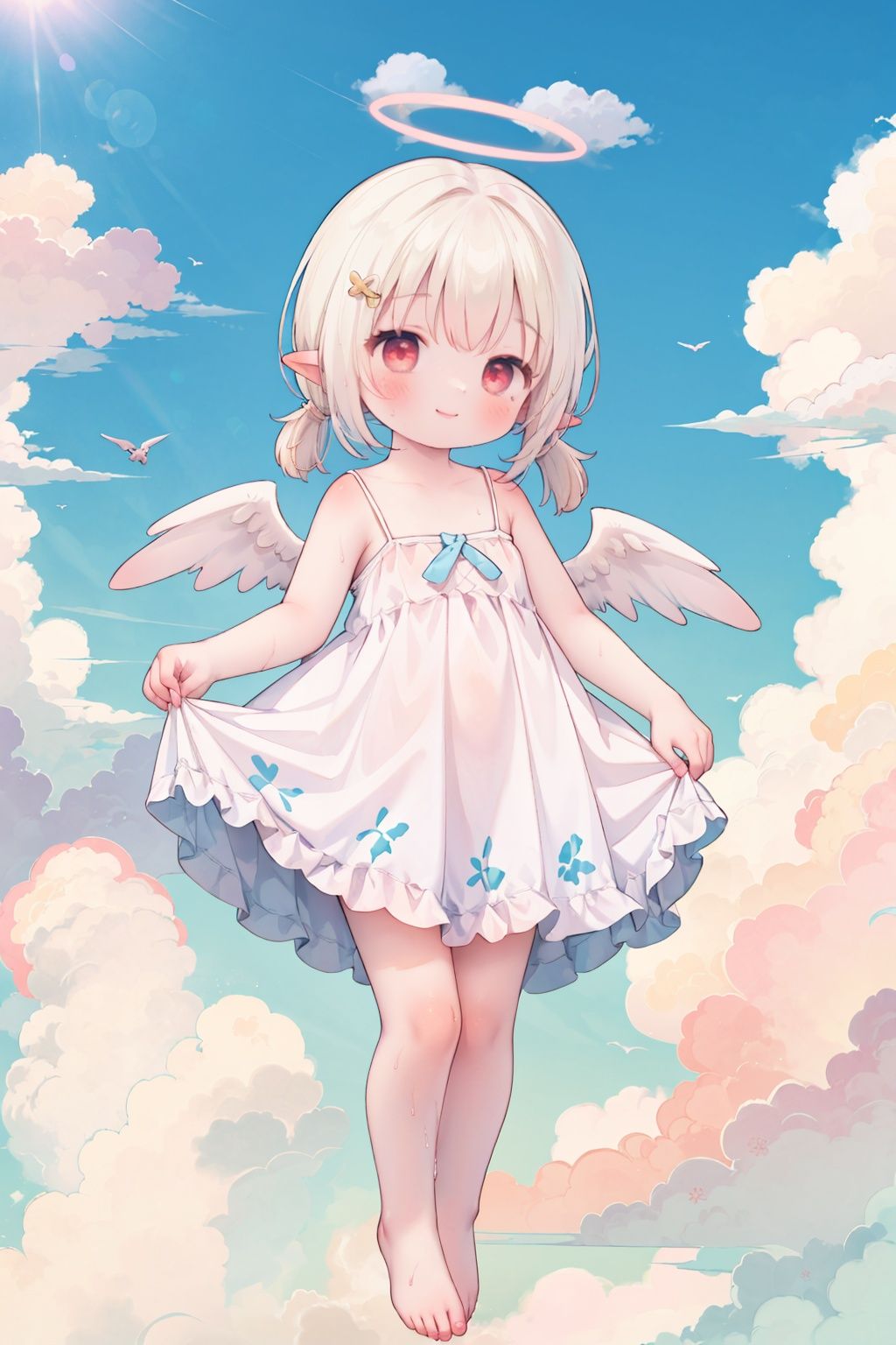 colorful, extremely detailed wallpaper,
1girl, solo, (toddler,female child:1.5),barefoot,
angel, (halo), angel wings,(summer dress:1.5),collarbone, full body,ankle bow,flying, feathered wings,white wings,smile,low twintails, short hair, frilled, 
(above clouds:1.5),flying on sky,(cloud:1.5),day,blue sky,
pointy ears,blonde hair, red eyes,