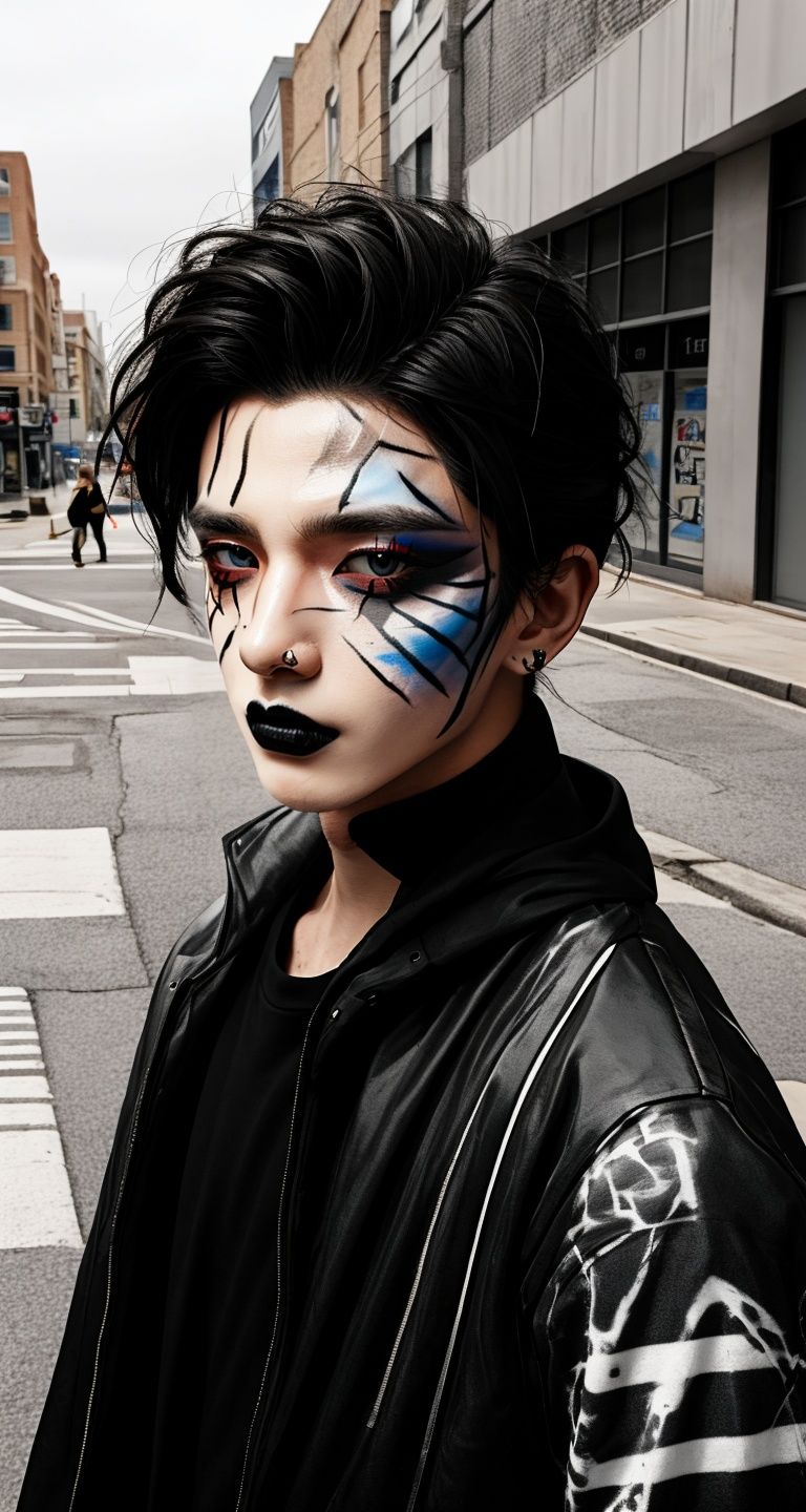 ((masterpiece)), ((best quality)), 8k, high detailed, ultra-detailed, photo,outdoor,xsfashion, 1boy, street fashion, make up,eyeshadow, face paint, tattoo, <lora:XS_fashionV2:0.7>