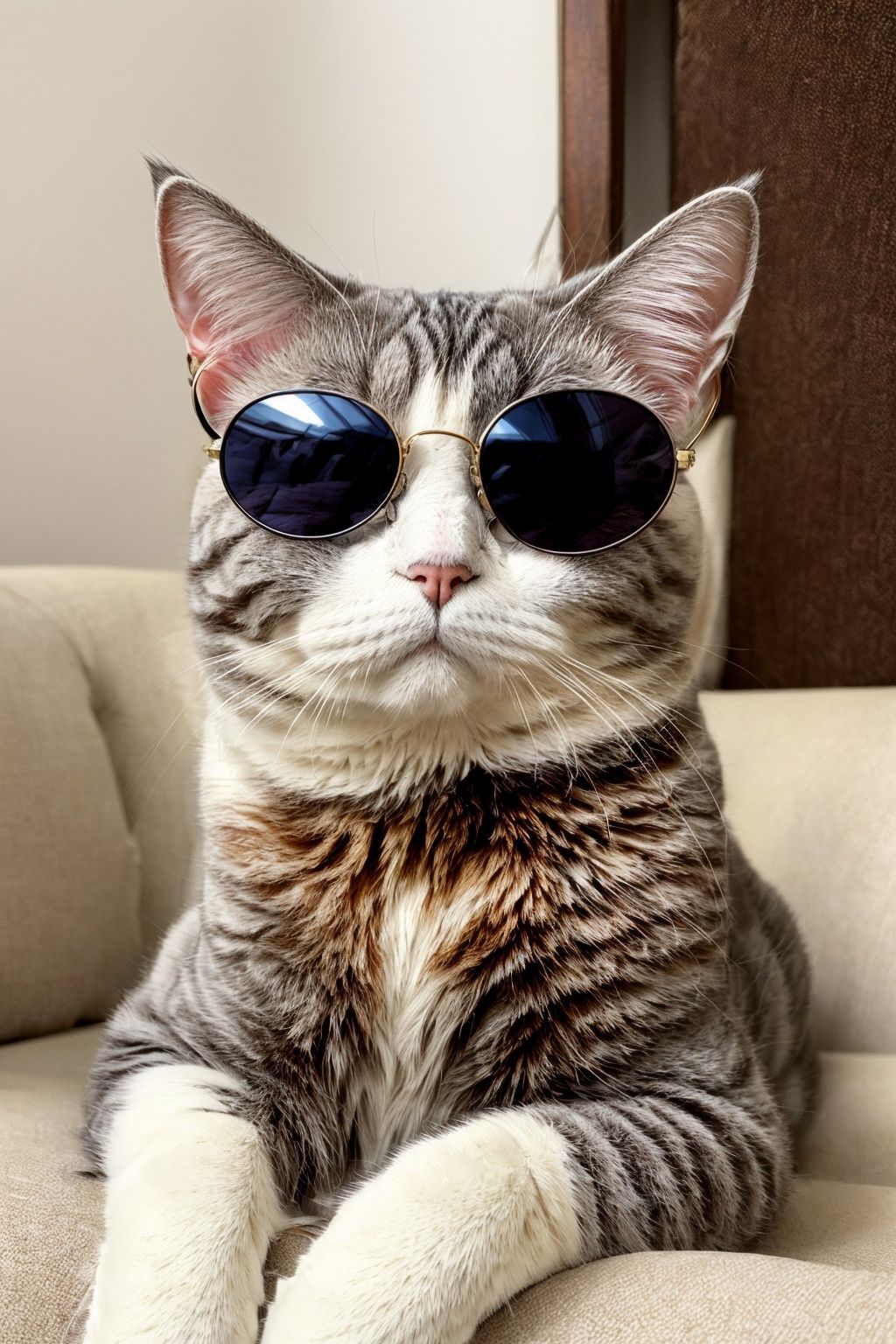 ((masterpiece)), ((best quality)), 8k, high detailed, ultra-detailed, pet photography, British Shorthair white cat:1.2, (trendy sunglasses), (relaxed and sophisticated pose),  (plush velvet sofa), (soft ambient lighting), (curious and confident gaze),  <lora:coloricher:1>