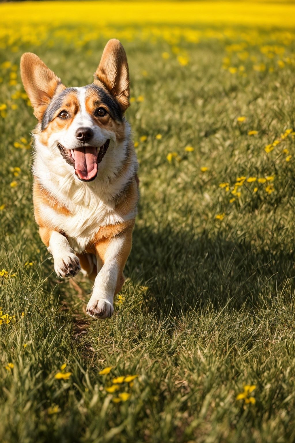 ((masterpiece)), ((best quality)), 8k, high detailed, ultra-detailed, pet photography, energetic corgi, 1corgi, (playful and vibrant), (lush green meadow), (bounding across the field), (floppy ears in motion), (tongue lolling with excitement), (dynamic and joyful), capturing the spirited and delightful essence of a corgi running freely in a sunlit meadow., <lora:coloricher:1>