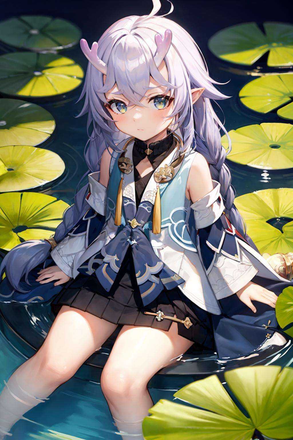 masterpiece, best quality,   <lora:Shiratsuyu-s:1>,shiratsuyu, 1girl, solo, lily pad, sitting, looking at viewer, water
