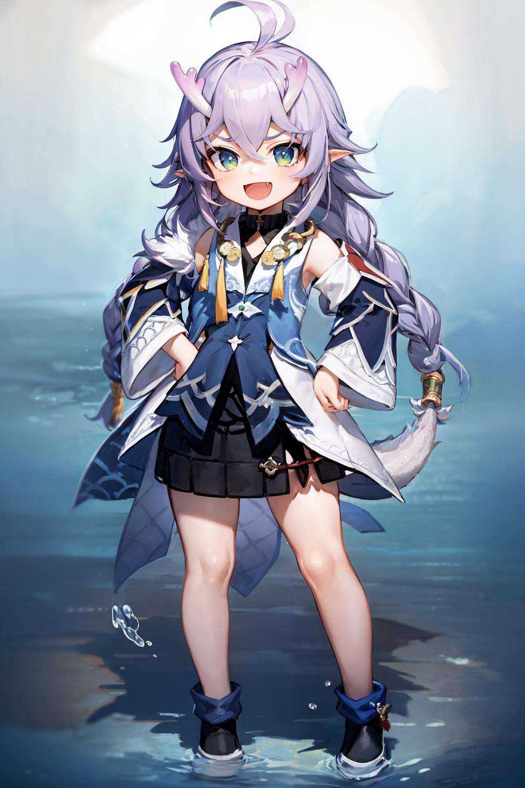 masterpiece, best quality,   <lora:Shiratsuyu-s:1>,shiratsuyu, 1girl, solo, white background, smile, open mouth, looking at viewer, hand on hip, :d, standing, full body, holding, water, simple background, fang