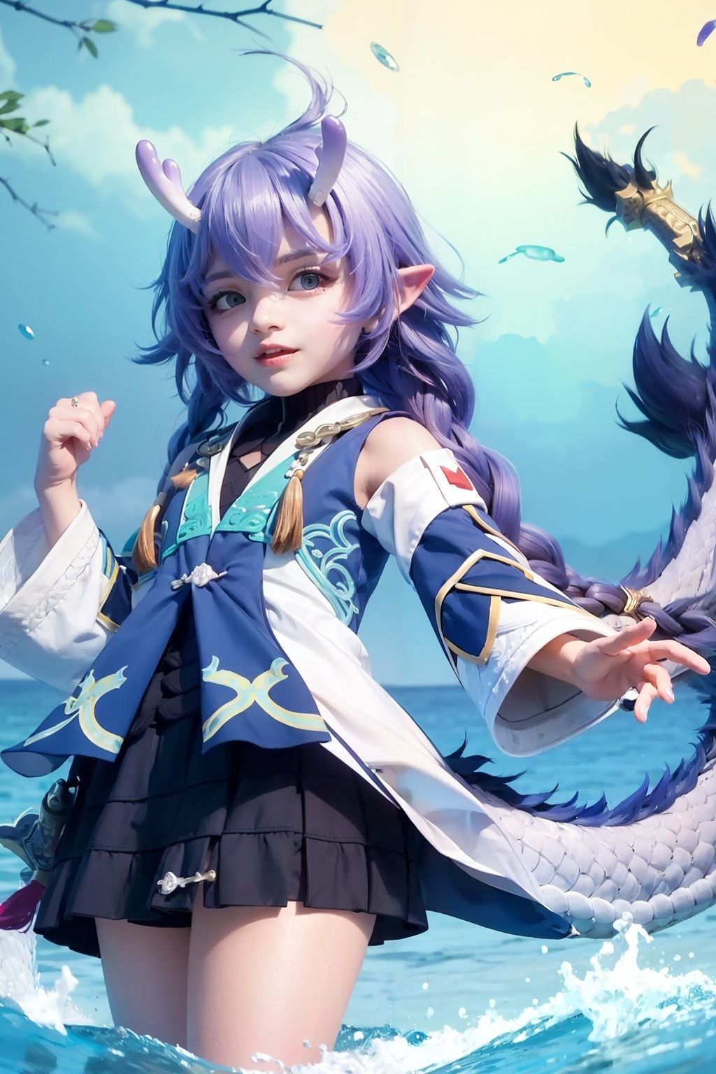 masterpiece, best quality,   <lora:Shiratsuyu-m:1>,horns, 1girl, long hair, solo, pointy ears, tail, blue eyes, water, braid, dragon tail, detached sleeves, open mouth, smile, looking at viewer, dragon girl, very long hair, blue hair, purple hair, dragon horns, hair between eyes