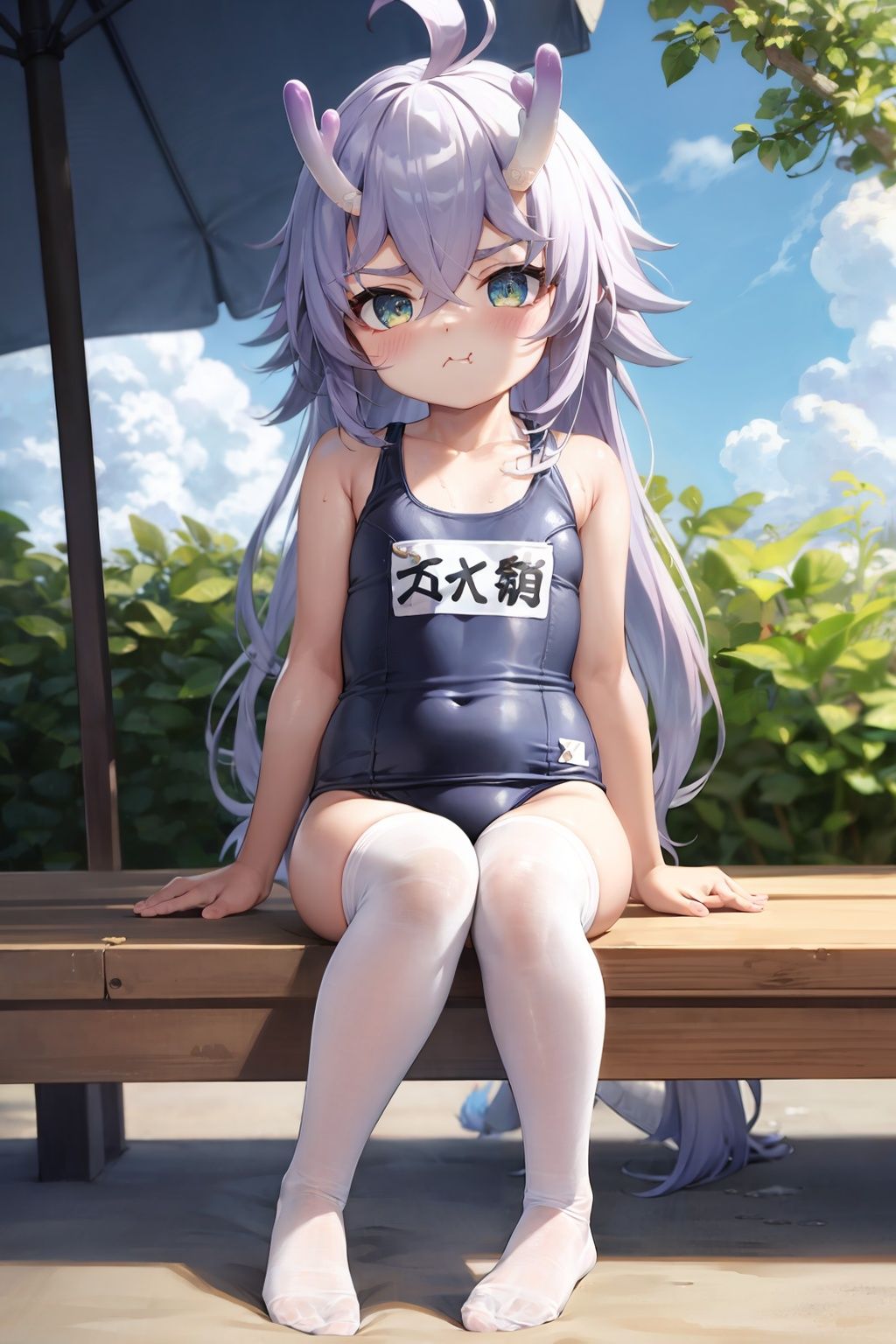 masterpiece, best quality,   <lora:Shiratsuyu-m:1>,1girl, solo, swimsuit, thighhighs, long hair, white thighhighs, tail, one-piece swimsuit, school swimsuit, sitting, horns, blue eyes, purple hair, ahoge, blush, hair between eyes, very long hair, thick eyebrows, closed mouth, black one-piece swimsuit, collarbone, full body, bangs, hair ornament, name tag, no shoes, pout, virtual youtuber, looking at viewer, bare shoulders, old school swimsuit, blue hair,outdoors