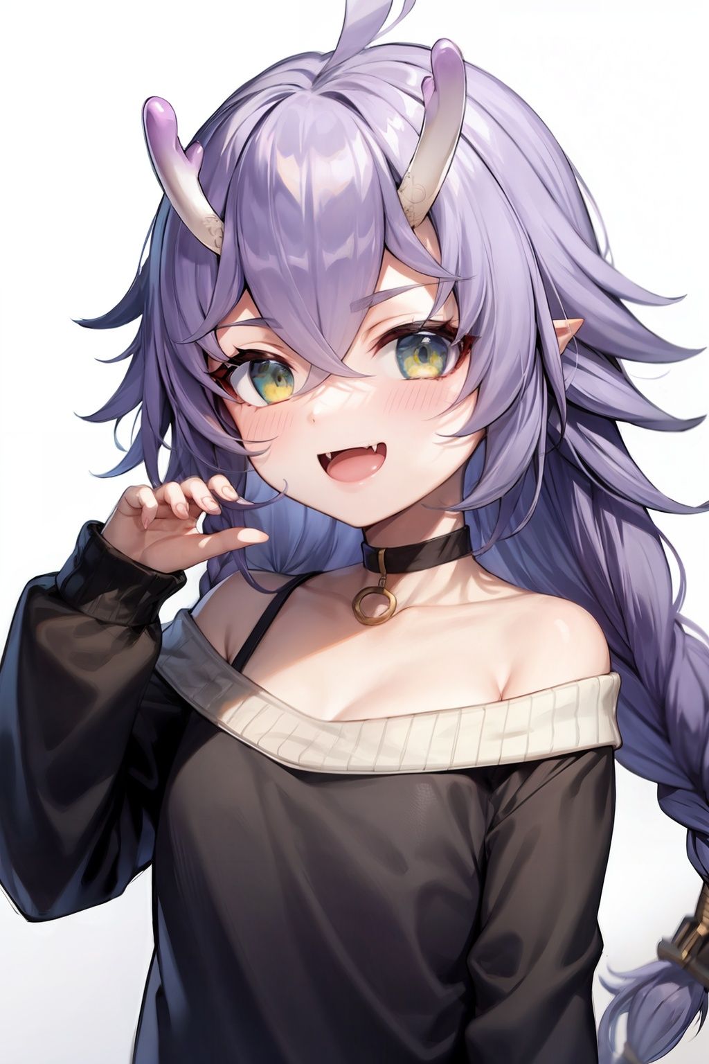 masterpiece, best quality,   <lora:Shiratsuyu-m:1>,1girl, solo, horns, fang, green eyes, smile, purple hair, sweater, choker, open mouth, white background, off shoulder, simple background, looking at viewer, sketch, hair between eyes, long hair, blush, black choker, :d, grey sweater, off-shoulder sweater, claw pose, long sleeves, bare shoulders, upper body, collarbone, oni horns, hand up, ahoge, braid, bangs, skin fang, twin braids