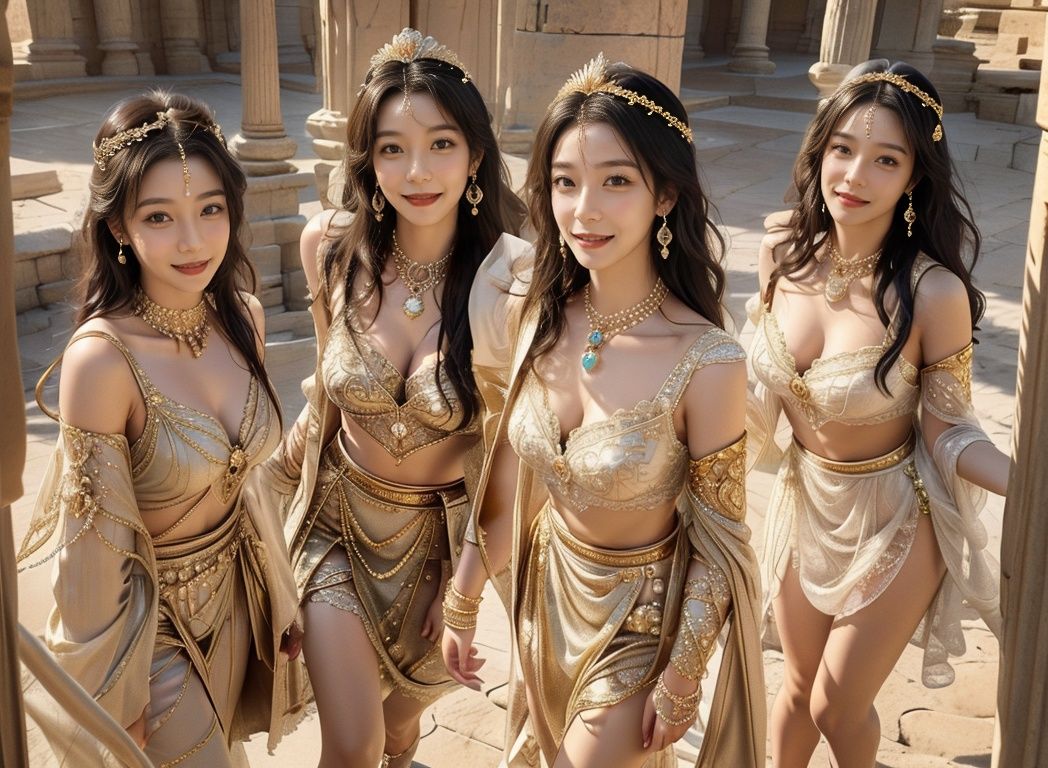 (4girls), ,solo,Princess,young queen,looking at viewer,light smile,smile,happy sex,masterpiece, top quality, best quality,full body,ultra realistic 8k cg,8K, HD, DSLR,picture-perfect face,flawless,master piece,professional artwork,famous artwork,cinematic lighting,cinematic bloom,perfect face,beautiful face,fantasy,dream like,unreal,sciencefiction,huge breasts,beautiful clothes,lace,lacetrim,lace-trimmed leg wear,prestige,luxury,jewelry,diamond,gold,pearl,gem,sapphire,ruby,emerald,intricate detail,delicate pattern,hair ornament,neck lace,earrings,bracelet,armlet,halo, diamonds ,pearls,Stage style,     complex decoration,dreamlike,exquisite and delicate details,long length shot,ultra realistic, 32k , super details, UHD, best quality,shot on fujifilm XT4,andscape，Egypt，Roman Columns, Egyptian scenes,makeup portrait, eye shadow, face in center,(realistic,photorealistic:1.37) <lora:Godlen-Egypt-plus:0.6>