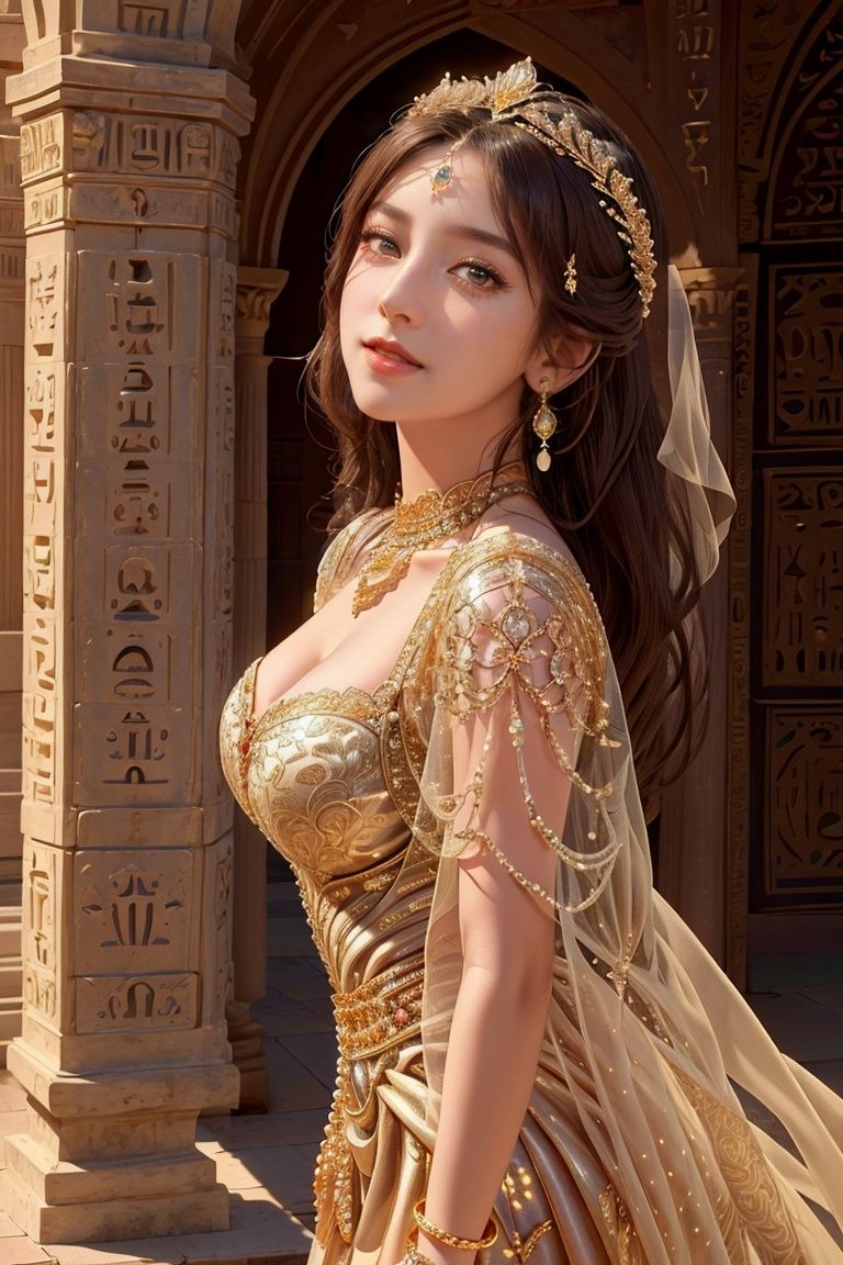 ((1girl,)) ,solo,Princess,young queen,looking at viewer,light smile,smile,masterpiece, top quality, best quality,upper body,ultra realistic 8k cg,8K, HD, DSLR,picture-perfect face,flawless,master piece,professional artwork,famous artwork,cinematic lighting,cinematic bloom,perfect face,beautiful face,fantasy,dream like,unreal,sciencefiction,huge breasts,beautiful clothes,lace,lacetrim,lace-trimmed leg wear,prestige,luxury,jewelry,diamond,gold,pearl,gem,sapphire,ruby,emerald,intricate detail,delicate pattern,hair ornament,neck lace,earrings,bracelet,armlet,halo, diamonds ,pearls,Stage style,     complex decoration,dreamlike,exquisite and delicate details,long length shot,ultra realistic, 32k , super details, UHD, best quality,shot on fujifilm XT4,andscape，Egypt，Roman Columns, Egyptian scenes,(realistic,photorealistic:1.37) <lora:Godlen-Egypt-plus:0.8>