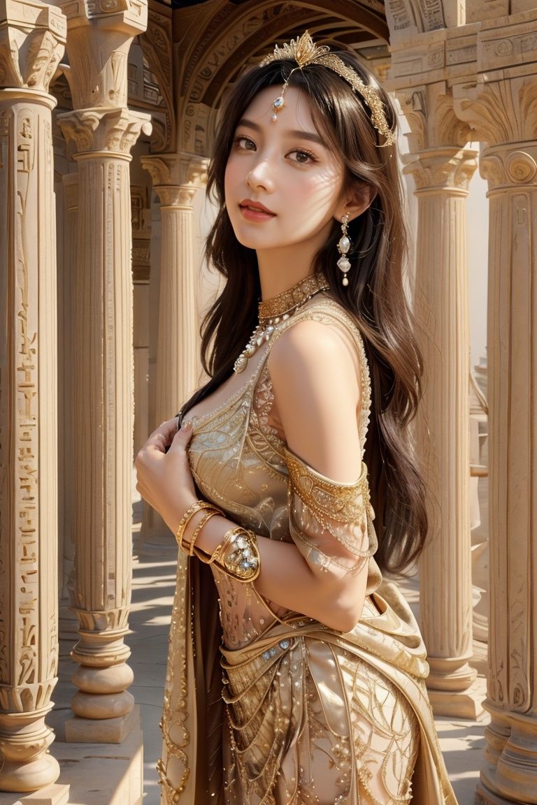 ((1girl,)) ,solo,Princess,young queen,looking at viewer,light smile,smile,masterpiece, top quality, best quality,upper body,ultra realistic 8k cg,8K, HD, DSLR,picture-perfect face,flawless,master piece,professional artwork,famous artwork,cinematic lighting,cinematic bloom,perfect face,beautiful face,fantasy,dream like,unreal,sciencefiction,huge breasts,beautiful clothes,lace,lacetrim,lace-trimmed leg wear,prestige,luxury,jewelry,diamond,gold,pearl,gem,sapphire,ruby,emerald,intricate detail,delicate pattern,hair ornament,neck lace,earrings,bracelet,armlet,halo, diamonds ,pearls,Stage style,     complex decoration,dreamlike,exquisite and delicate details,long length shot,ultra realistic, 32k , super details, UHD, best quality,shot on fujifilm XT4,andscape，Egypt，Roman Columns, Egyptian scenes,(realistic,photorealistic:1.37) <lora:Godlen-Egypt-plus:0.8>