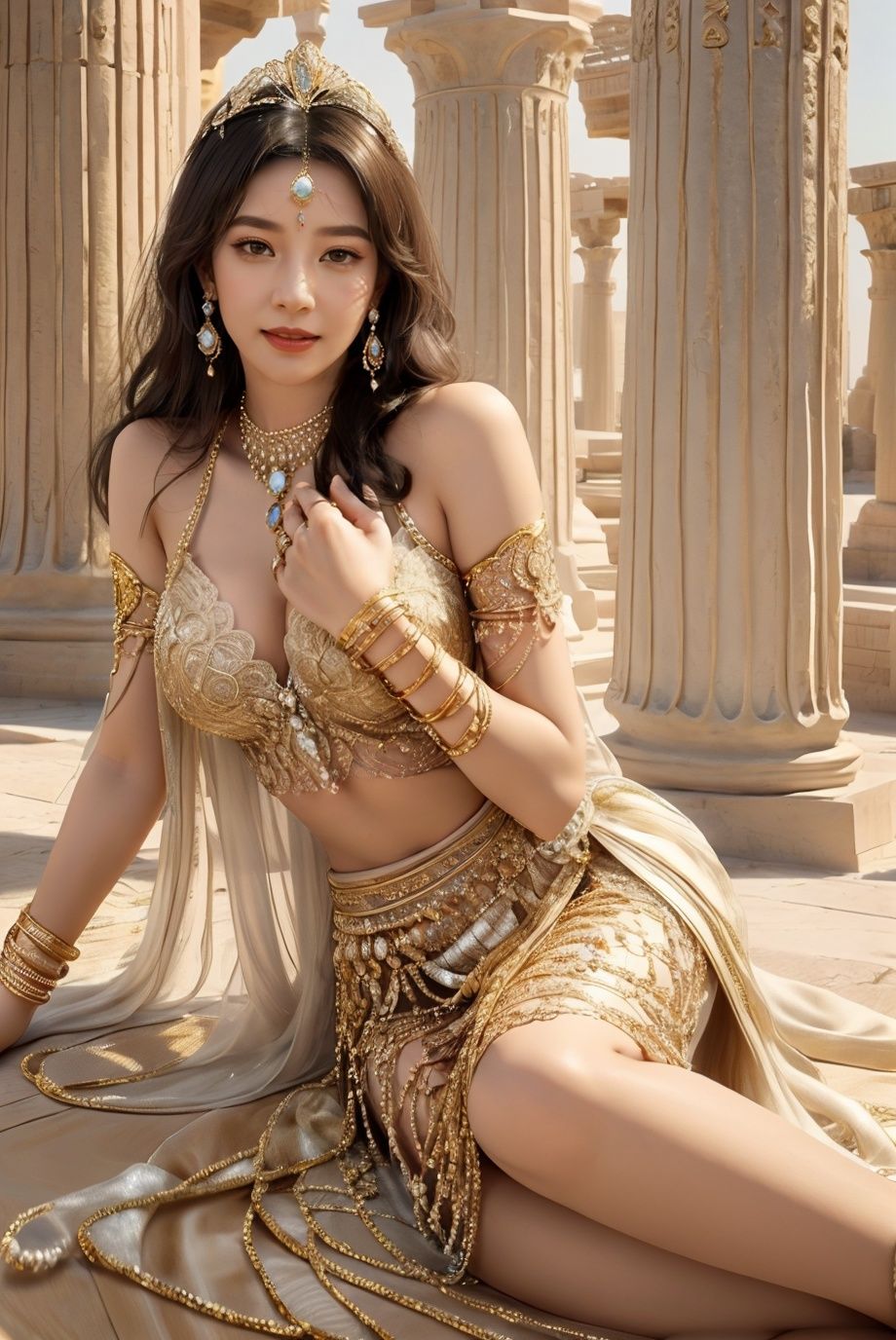 ((1girl,)) ,solo,Princess,young queen,looking at viewer,light smile,smile,masterpiece, top quality, best quality,ultra realistic 8k cg,8K, HD, DSLR,picture-perfect face,flawless,master piece,professional artwork,famous artwork,cinematic lighting,cinematic bloom,perfect face,beautiful face,fantasy,dream like,unreal,sciencefiction,huge breasts,beautiful clothes,lace,lacetrim,lace-trimmed leg wear,prestige,luxury,jewelry,diamond,gold,pearl,gem,sapphire,ruby,emerald,intricate detail,delicate pattern,hair ornament,neck lace,earrings,bracelet,armlet,halo, diamonds ,pearls,Stage style,     complex decoration,dreamlike,exquisite and delicate details,long length shot,ultra realistic, 32k , super details, UHD, best quality,shot on fujifilm XT4,andscape，Egypt，Roman Columns, Egyptian scenes,(realistic,photorealistic:1.37) <lora:Godlen-Egypt-plus:0.8>