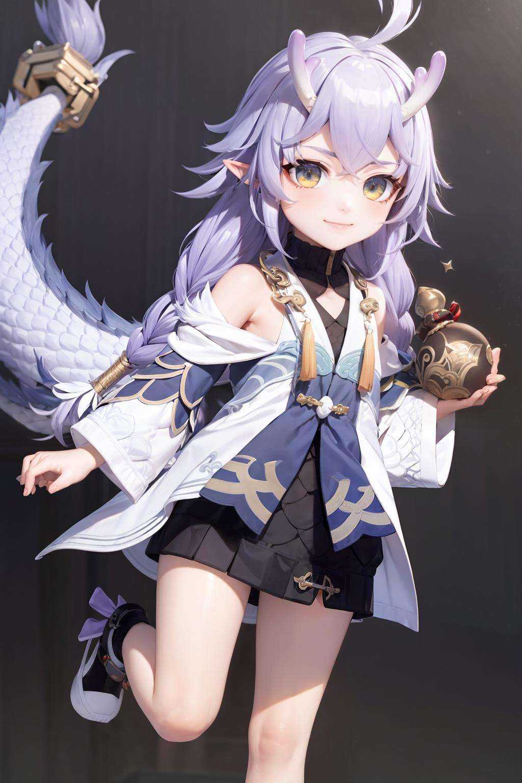 masterpiece, best quality,   <lora:Shiratsuyu-m:1>,1girl,horns,purple hair,long hair,ahoge,twin braids,pointy ears, sidelocks, multicolored eyes,bare shoulders, wide sleeves, shirt,black shorts,dragon tail,smile,gourd,grey background, 