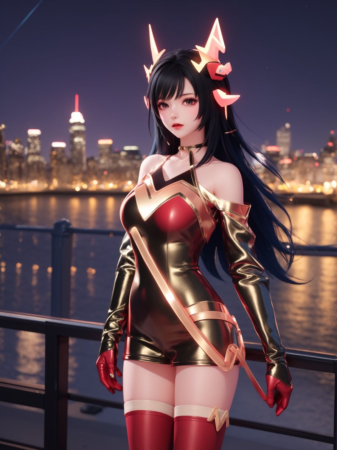 <lora:WZRYyaoZWHZ:0.75>,WZRYyaoZWHZ, 1girl, thighhighs, long hair, dress, animal ears, black hair, looking at viewer, red gloves,bare shoulders, short dress, see-through,cityscape, night, mature female, cowboy shot,