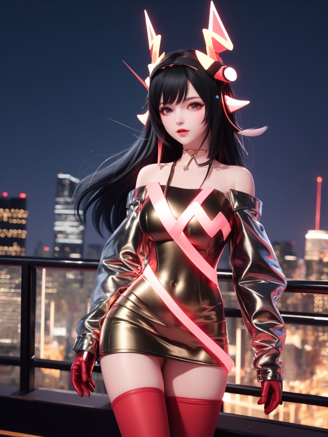 <lora:WZRYyaoZWHZ:0.75>,WZRYyaoZWHZ, 1girl, thighhighs, long hair, dress, animal ears, black hair, looking at viewer, red gloves,bare shoulders, short dress, see-through,cityscape, night, mature female, cowboy shot,
