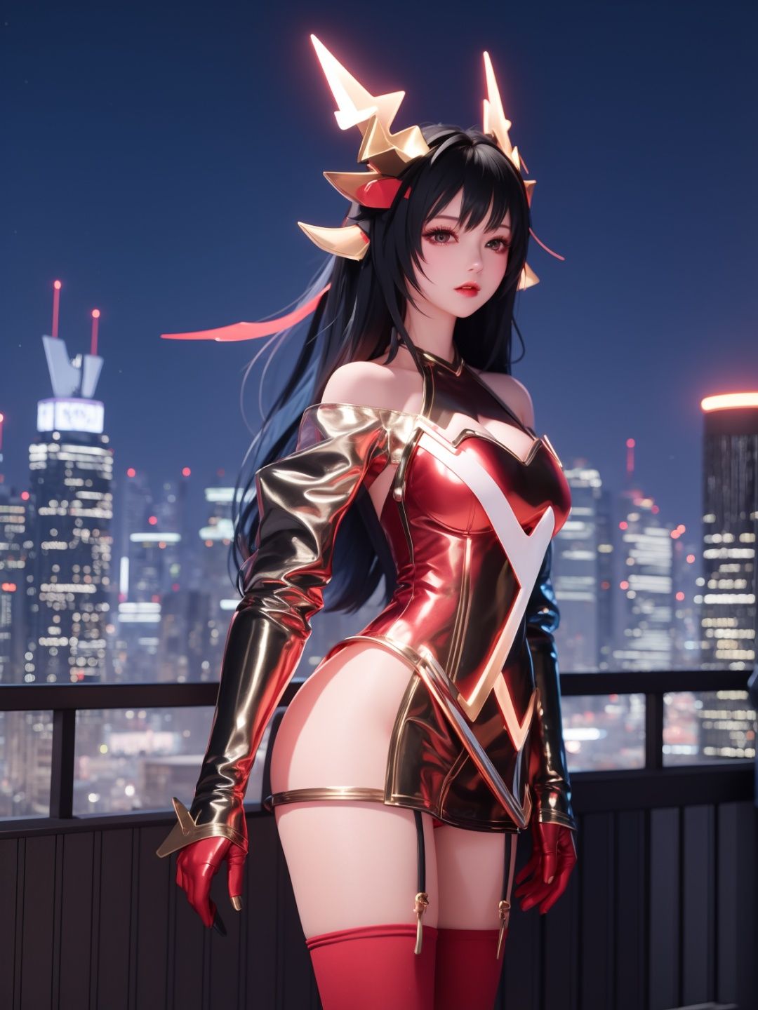 <lora:WZRYyaoZWHZ:0.75>,WZRYyaoZWHZ, 1girl, thighhighs, long hair, dress, animal ears, black hair, looking at viewer, red gloves,bare shoulders, short dress, see-through,cityscape, night, mature female, cowboy shot,