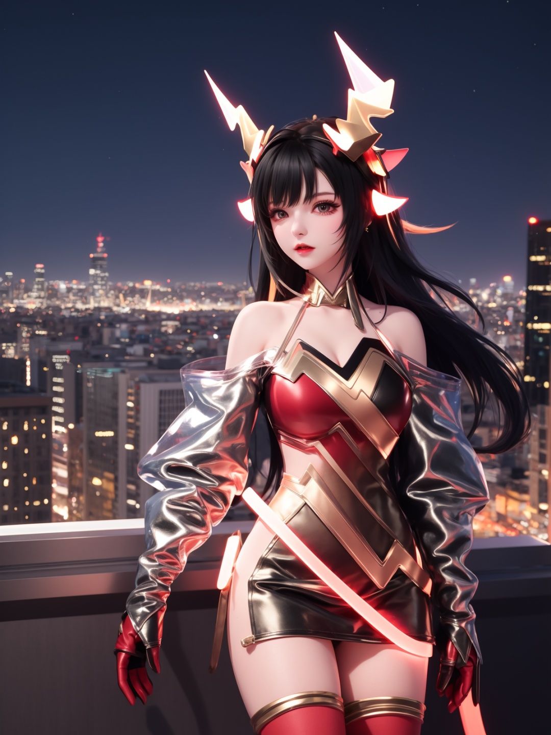 <lora:WZRYyaoZWHZ:0.75>,WZRYyaoZWHZ, 1girl, thighhighs, long hair, dress, animal ears, black hair, looking at viewer, red gloves,bare shoulders, short dress, see-through,cityscape, night, mature female, cowboy shot,