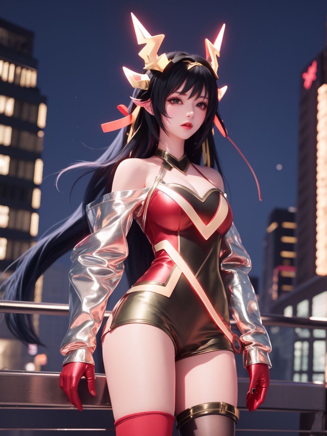 <lora:WZRYyaoZWHZ:0.75>,WZRYyaoZWHZ, 1girl, thighhighs, long hair, dress, animal ears, black hair, looking at viewer, red gloves,bare shoulders, short dress, see-through,cityscape, night, mature female, cowboy shot,