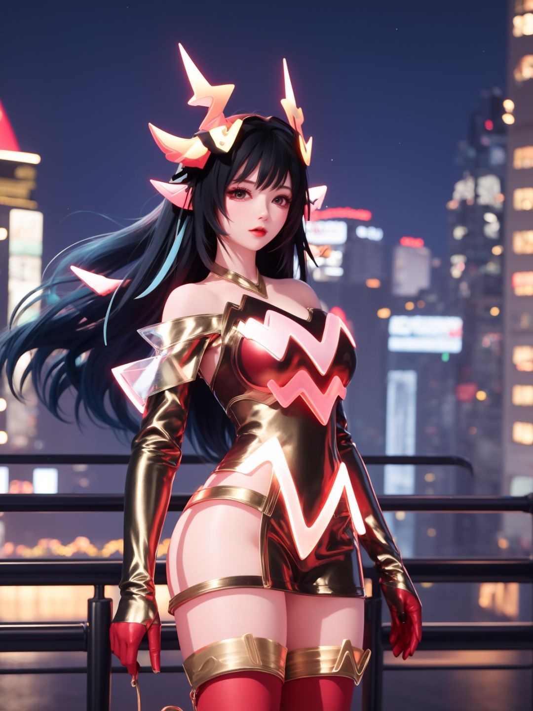 <lora:WZRYyaoZWHZ:0.75>,WZRYyaoZWHZ, 1girl, thighhighs, long hair, dress, animal ears, black hair, looking at viewer, red gloves,bare shoulders, short dress, see-through,cityscape, night, mature female, cowboy shot,