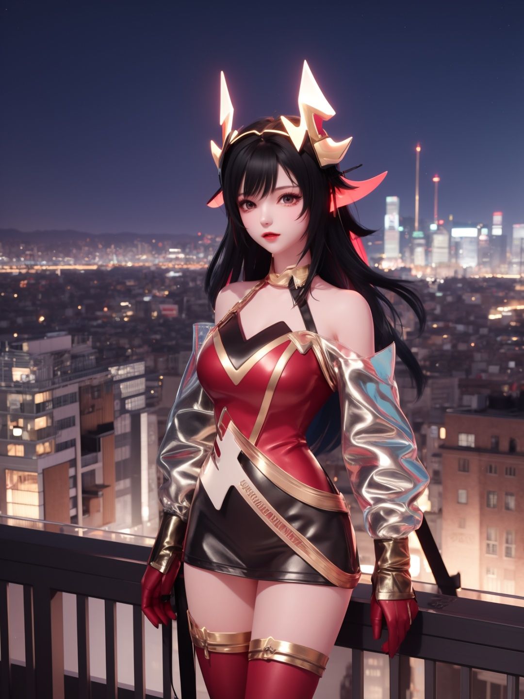 <lora:WZRYyaoZWHZ:0.75>,WZRYyaoZWHZ, 1girl, thighhighs, long hair, dress, animal ears, black hair, looking at viewer, red gloves,bare shoulders, short dress, see-through,cityscape, night, mature female, cowboy shot,