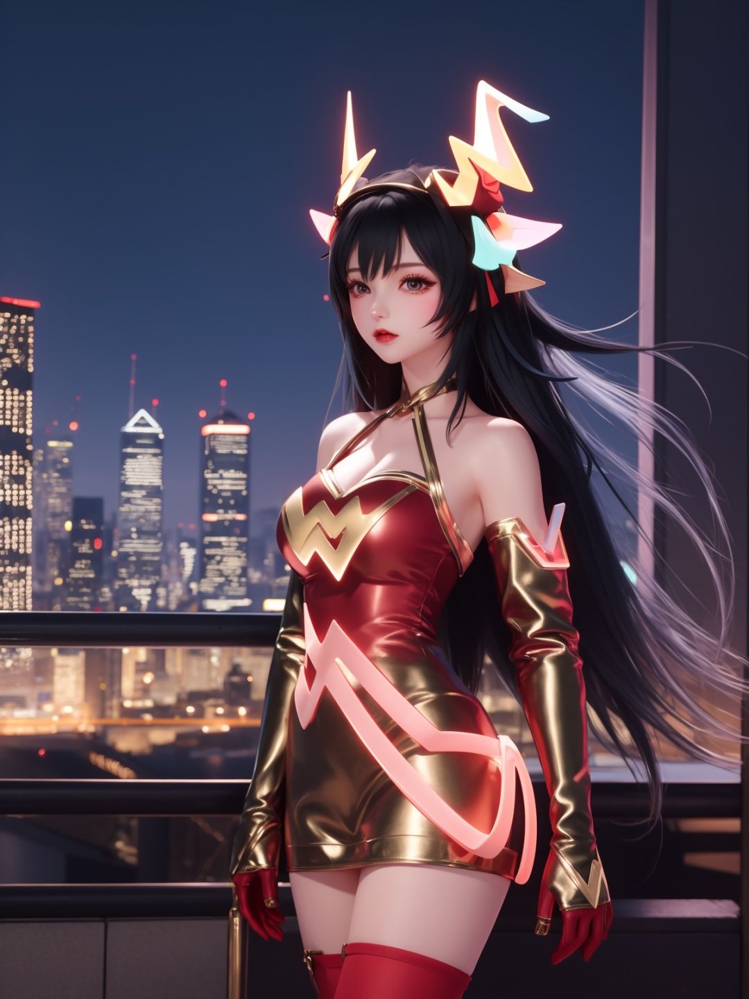 <lora:WZRYyaoZWHZ:0.75>,WZRYyaoZWHZ, 1girl, thighhighs, long hair, dress, animal ears, black hair, looking at viewer, red gloves,bare shoulders, short dress, see-through,cityscape, night, mature female, cowboy shot,
