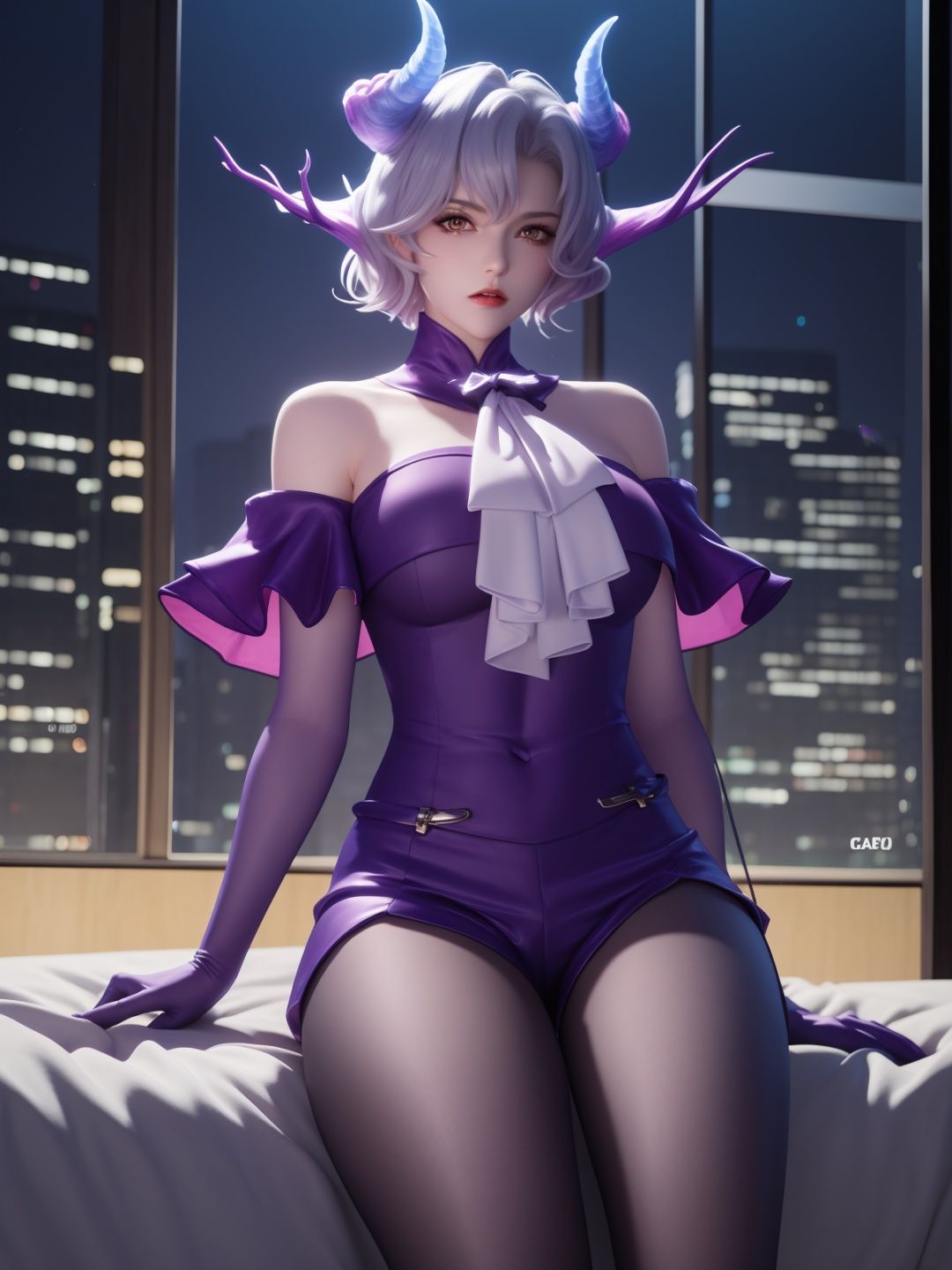 WZRYmilaidiMFQY,1girl,solo,bare shoulders,horns,purple gloves,yellow eyes,short hair,looking at viewer,pantyhose,shorts,white ascot,<lora:WZRYmilaidiMFQY:0.75>,mature female,cityscape,night,capelet,angry,sitting,bed,collar, 