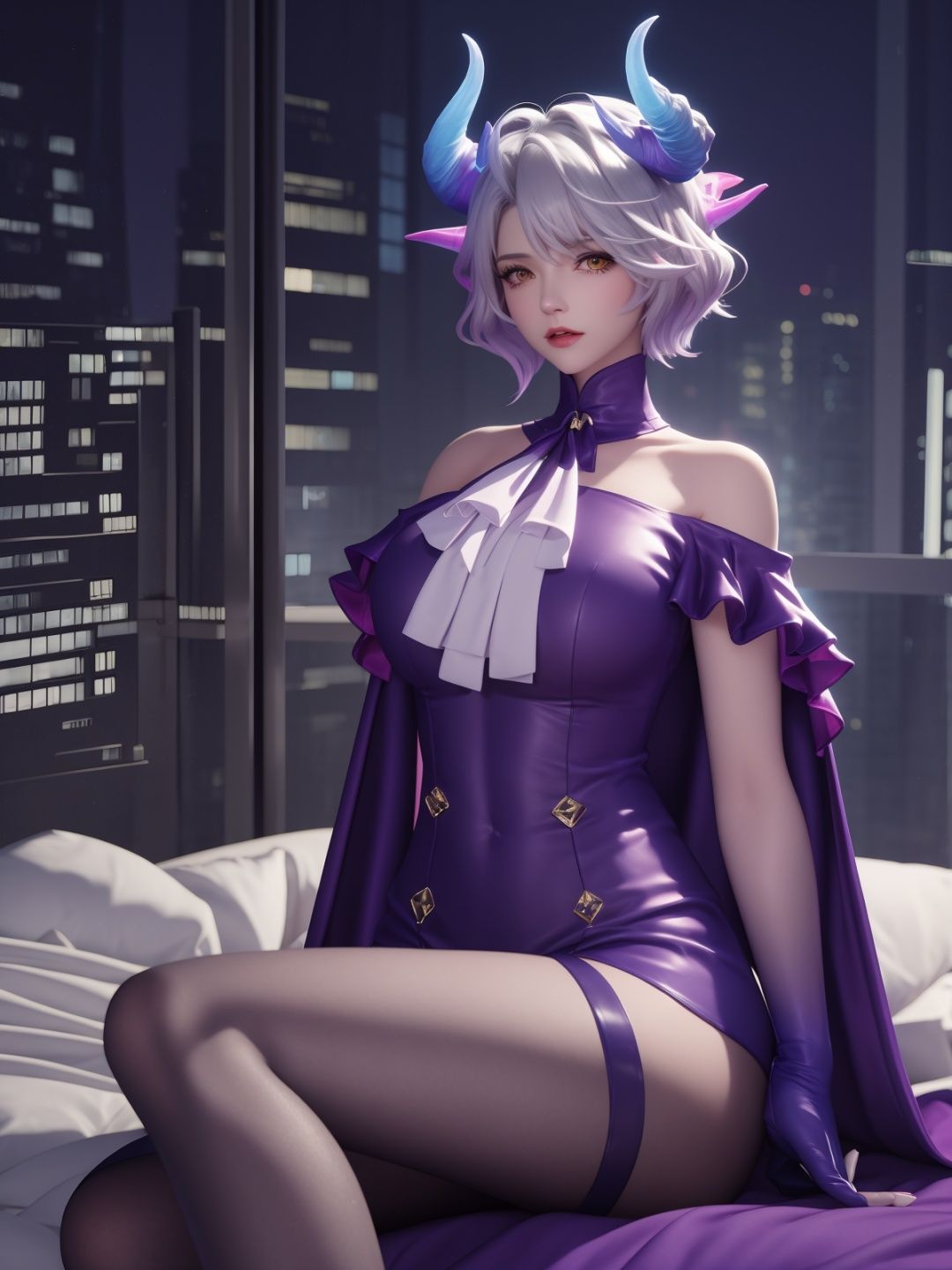 WZRYmilaidiMFQY,1girl,solo,bare shoulders,horns,purple gloves,yellow eyes,short hair,looking at viewer,pantyhose,shorts,white ascot,<lora:WZRYmilaidiMFQY:0.75>,mature female,cityscape,night,capelet,angry,sitting,bed,collar, 