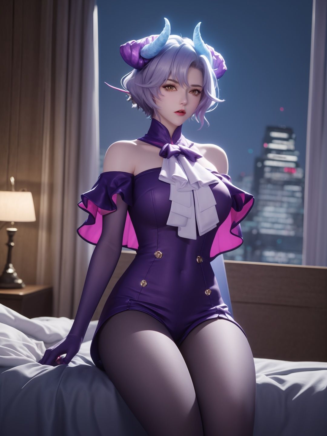 WZRYmilaidiMFQY,1girl,solo,bare shoulders,horns,purple gloves,yellow eyes,short hair,looking at viewer,pantyhose,shorts,white ascot,<lora:WZRYmilaidiMFQY:0.75>,mature female,cityscape,night,capelet,angry,sitting,bed,collar, 
