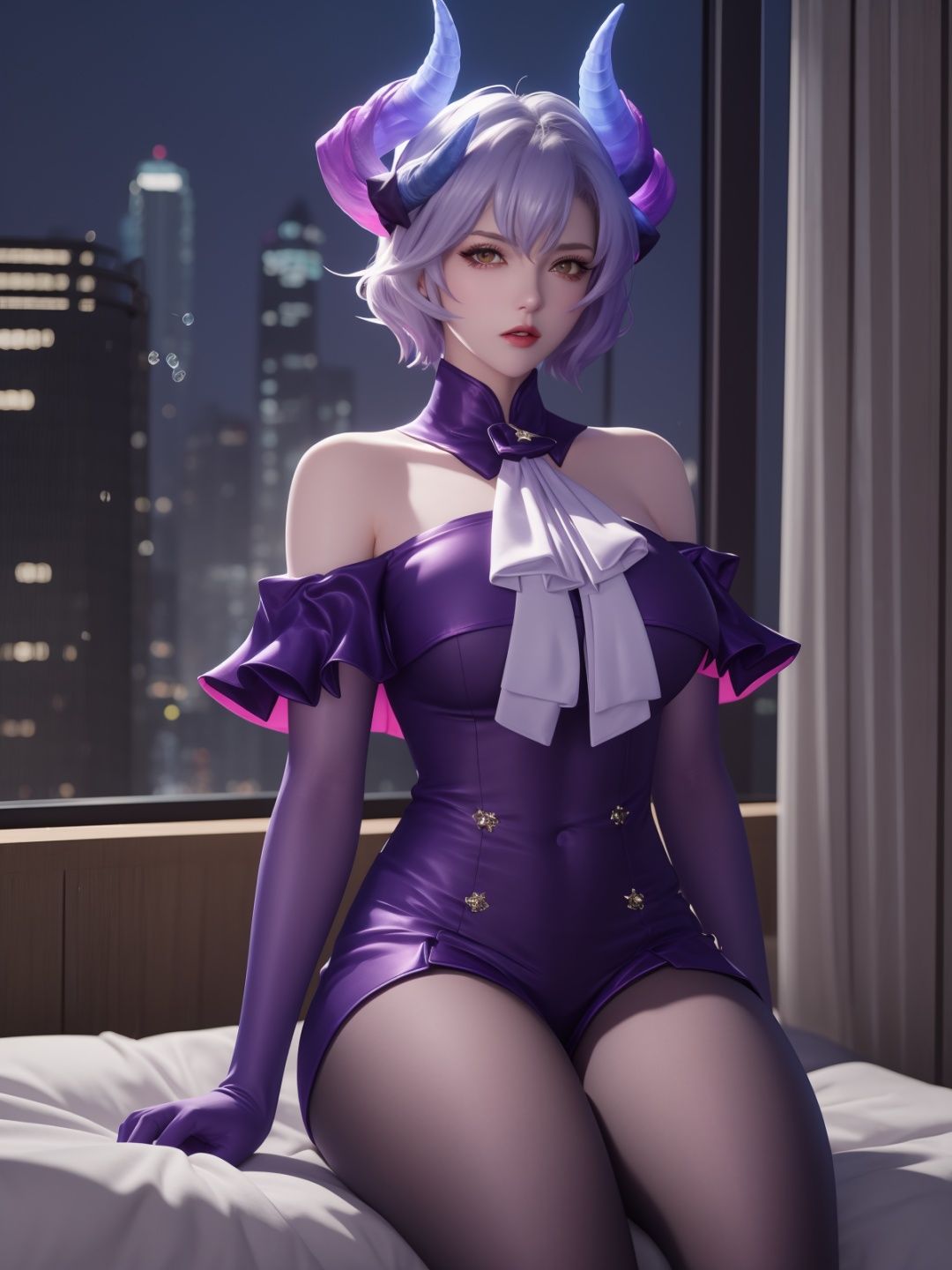 WZRYmilaidiMFQY,1girl,solo,bare shoulders,horns,purple gloves,yellow eyes,short hair,looking at viewer,pantyhose,shorts,white ascot,<lora:WZRYmilaidiMFQY:0.75>,mature female,cityscape,night,capelet,angry,sitting,bed,collar, 