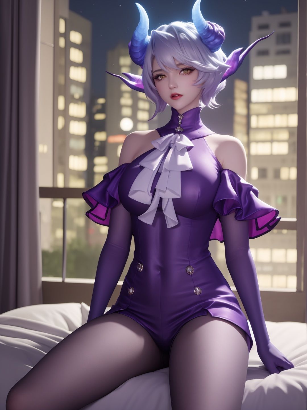 WZRYmilaidiMFQY,1girl,solo,bare shoulders,horns,purple gloves,yellow eyes,short hair,looking at viewer,pantyhose,shorts,white ascot,<lora:WZRYmilaidiMFQY:0.75>,mature female,cityscape,night,capelet,angry,sitting,bed,collar, 