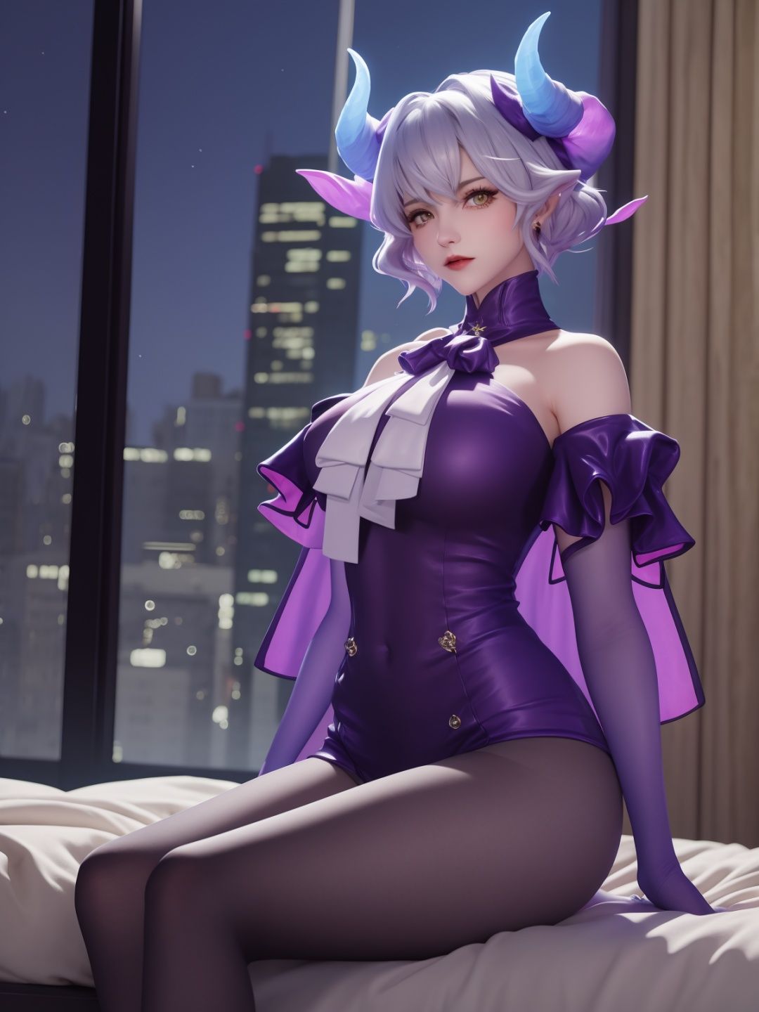 WZRYmilaidiMFQY,1girl,solo,bare shoulders,horns,purple gloves,yellow eyes,short hair,looking at viewer,pantyhose,shorts,white ascot,<lora:WZRYmilaidiMFQY:0.75>,mature female,cityscape,night,capelet,angry,sitting,bed,collar, 