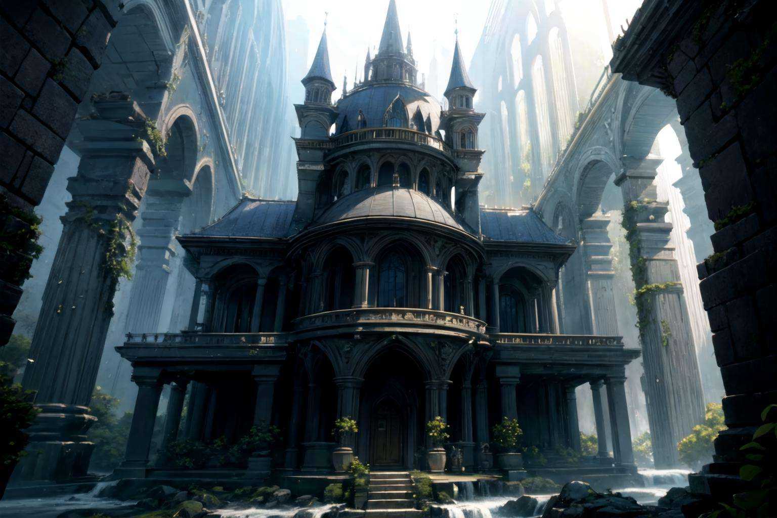 wrench_elven_arch,  a massive,  multi-tiered elven palace adorned with flowing waterfalls on Tensor.Art