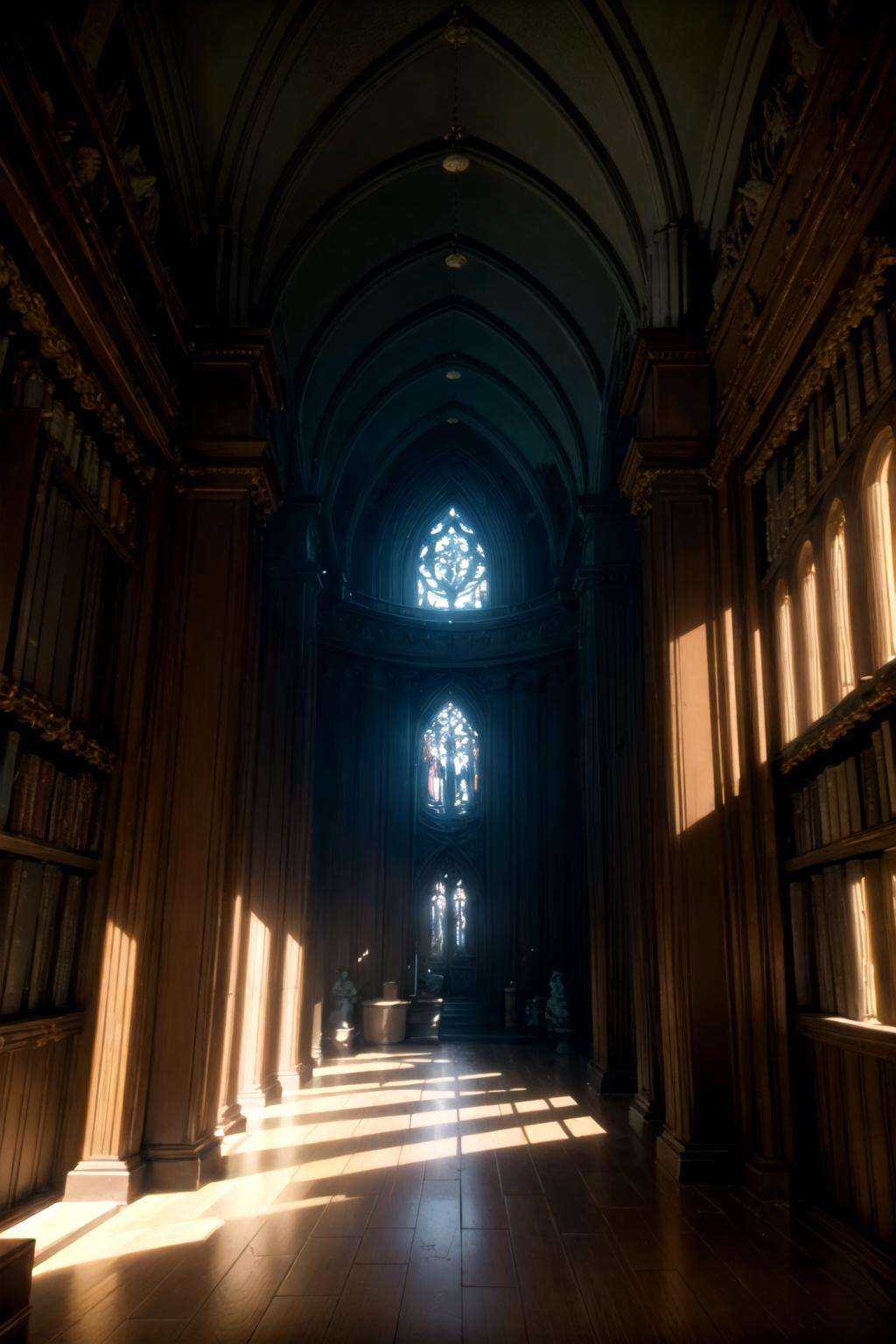 wrench_elven_arch,  a luminous elven library guarded by statues of mythical creatures,  its shelves housing tomes that hol...