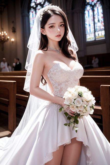masterpiece,extremely detailed CG unity 8k wallpaper, realistic,((sfw))//1girl,white hair,wavy hair,long hair,//(see-through wedding dress:1),no panties,(wedding,bride:1.2),in church,standing////(ambient light:0.8),(cinematic composition:0.1),beautifully detailed background,depth of field, 