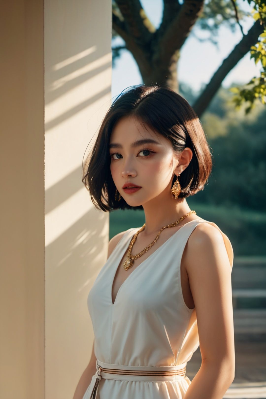 masterpiece, best quality, realistic, 8k, official art, cinematic light, ultra high res, 1girl,  standing, day, sunlight, light on face, bob cut hair 
 earrings , jewelry, Nature reserve, hair light