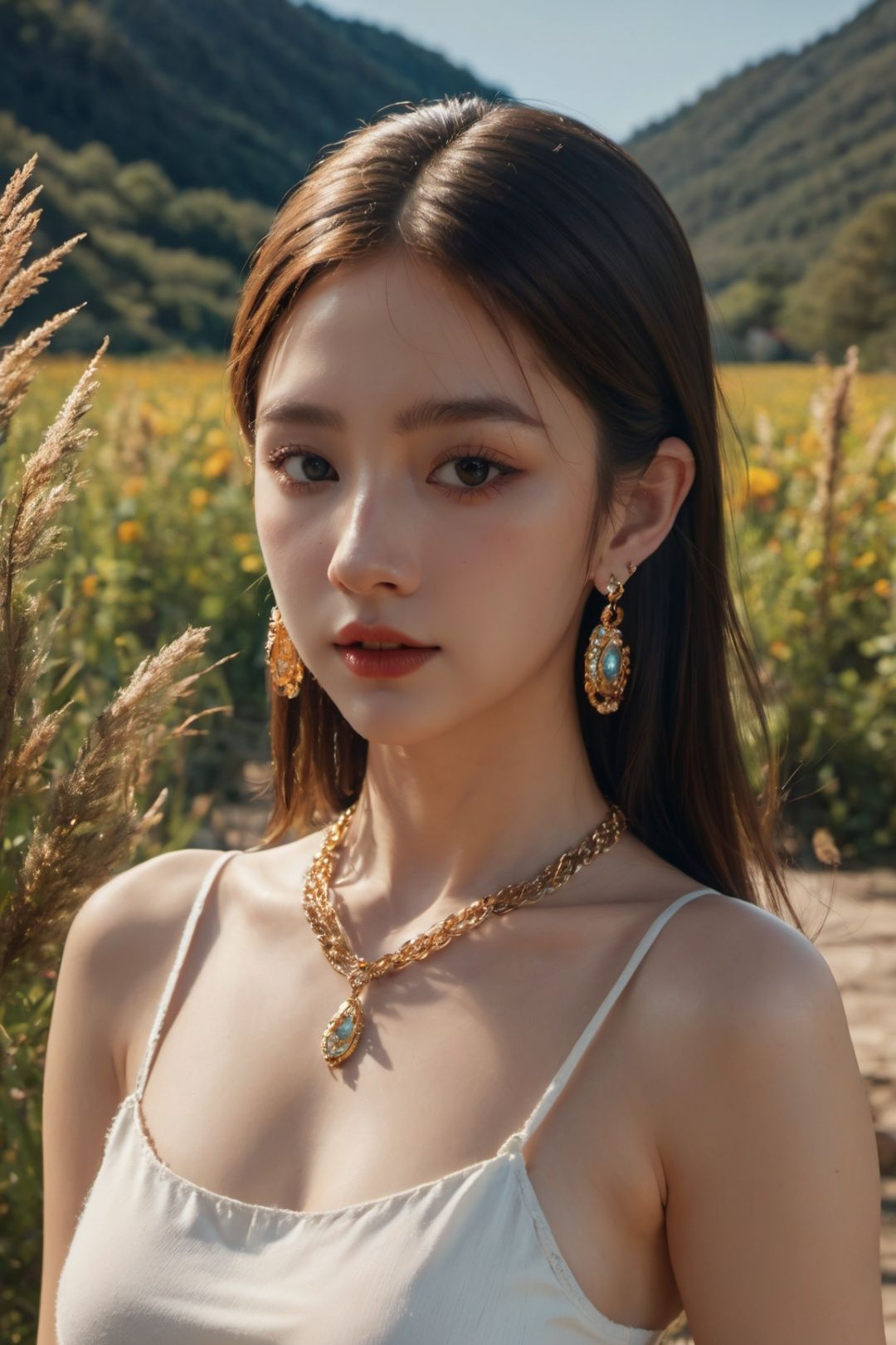 masterpiece, best quality, realistic, 8k, official art, cinematic light, ultra high res, 1girl,  standing, day, sunlight, light on face, earrings , jewelry , necklace , waitress, Nature reserve, hair light