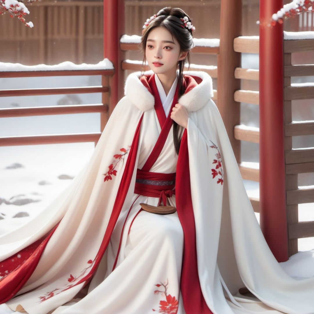 masterpiece, best quality, realistic, 8k, official art, cinematic light, ultra high res, 1girl, day, sunlight, light on face, (white hanfu), (Winter hanfu:1.2), flower print, (red cloak:1.2), (snow:1.3),(upper body),sitting, <lora:sdxl_winterhanfu-000003:0.7>