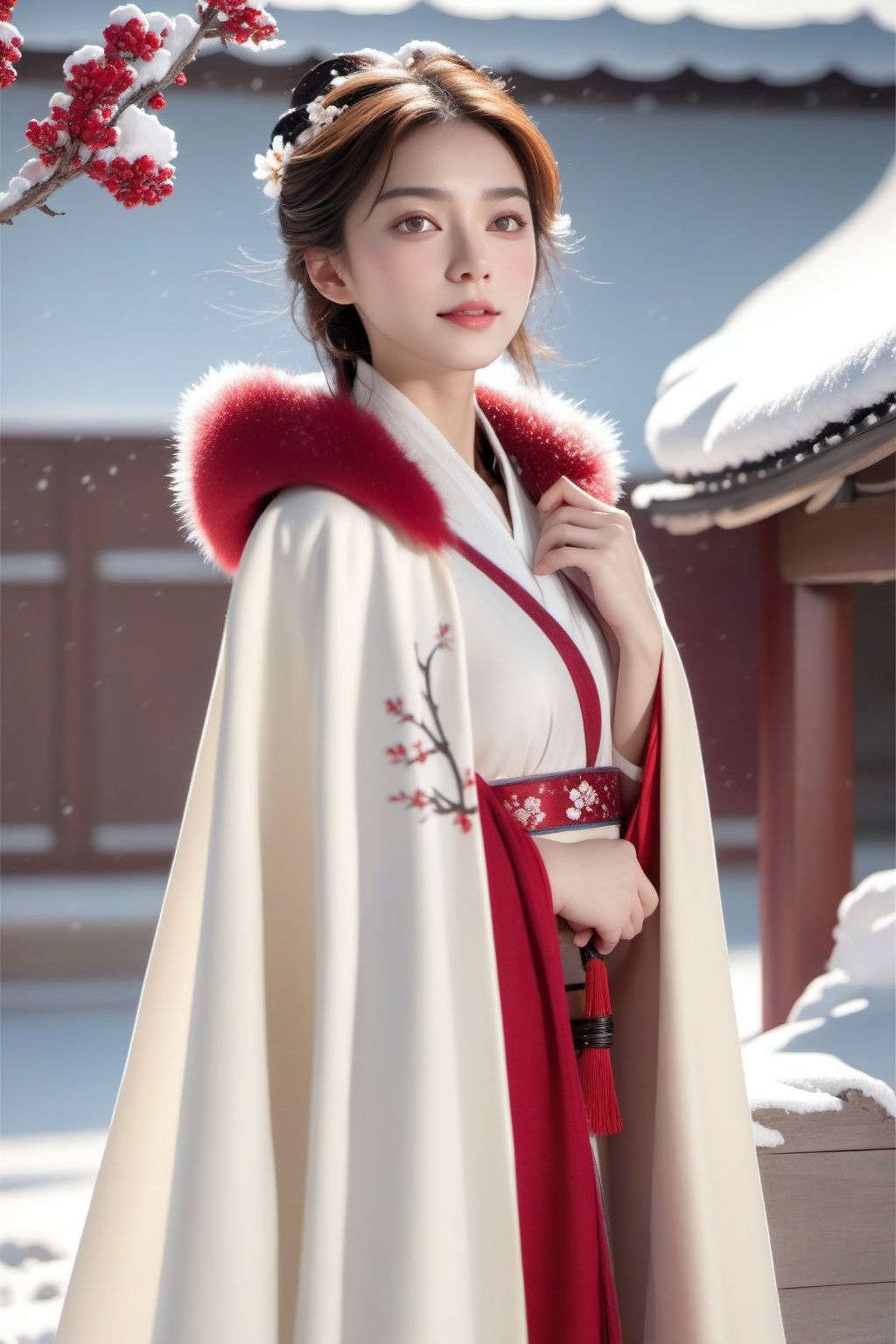 masterpiece, best quality, realistic, 8k, official art, cinematic light, ultra high res, 1girl, day, sunlight, light on face, (white hanfu), (Winter hanfu:1.2), flower print, (red cloak:1.2), (snow:1.3),(upper body) <lora:sdxl_winterhanfu-000003:0.7>