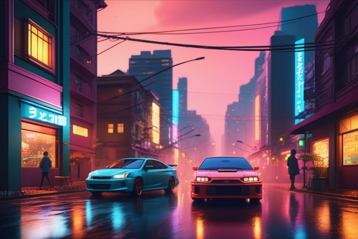 masterpiece,ultra realistic,32k,extremely detailed CG unity 8k wallpaper, best quality, ,wide shot, car, city, buildings, rain, mystical,fanatic, intricate, surreal,delicate, anime, lofi color, neon color