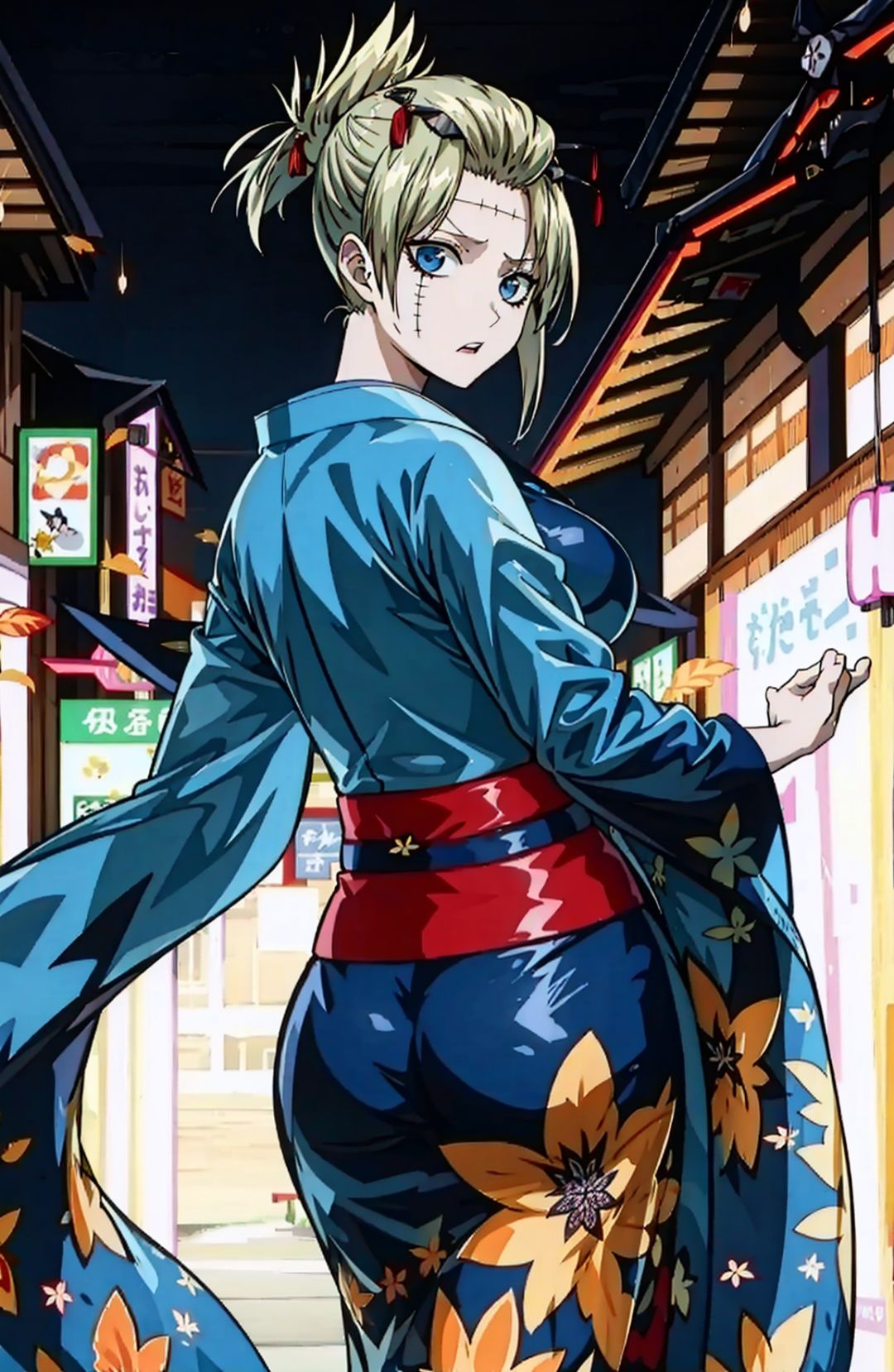 (masterpiece, top quality, best quality, official art, beautiful and aesthetic:1.2),(cowboy shot),1girl, solo,looking at viewer,short hair, blue eyes, blonde hair, japanese clothes, kimono,white background, huge breasts, scar, anger vein, scar on face, folded ponytail, spoken anger veins, tokyo landscape, outdoors,huge breasts, thighhighs, curvy, mature