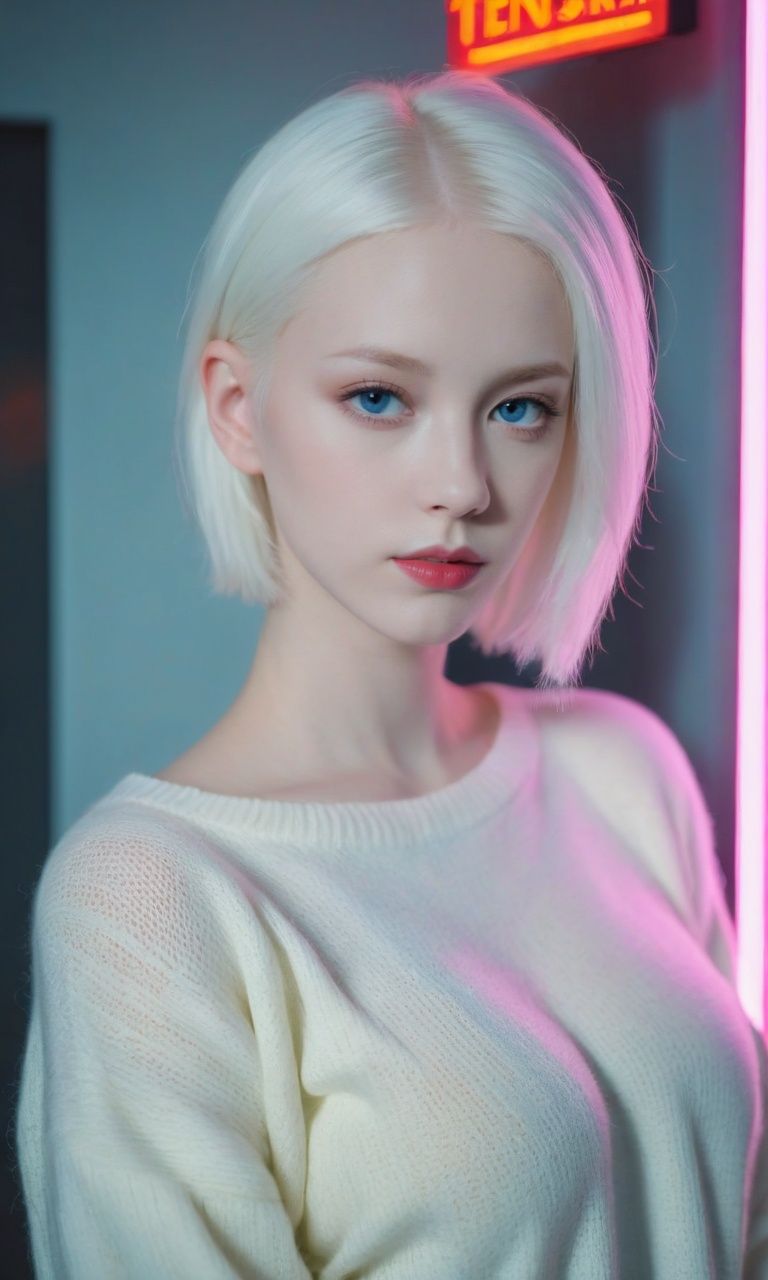 girl,  A young albino woman holding a neon sign that says "TensorArt" realism,  cinematic outfit photo on Tensor.Art