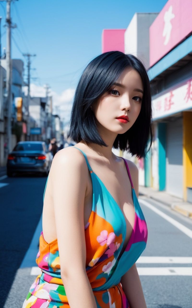 1 female,  colorful fashion street by Masaaki Yuasa Harumi Hironaka on Tensor.Art