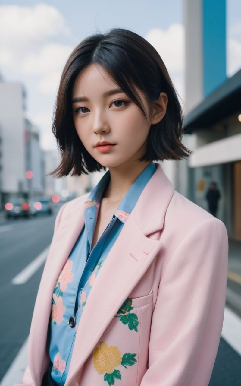 Fujifilm_Industrial_100,  1girl,  a woman in a pink coat standing on a city street on Tensor.Art