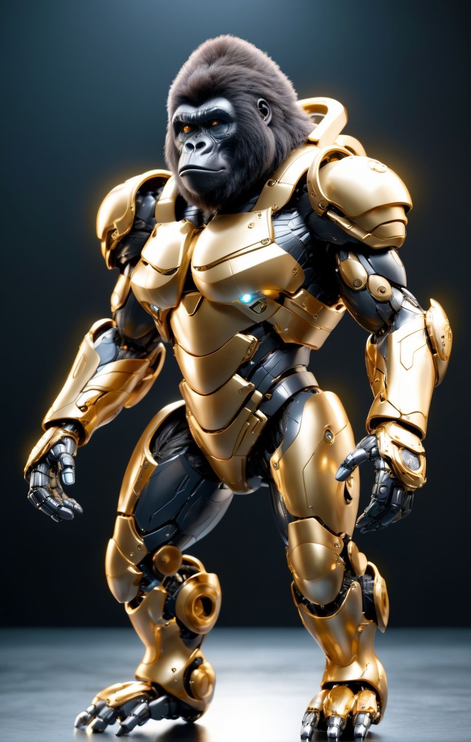 Agile black gorilla mecha robo soldier character,  anthropomorphic figure,  wearing futuristic soldier armor and weapons o...