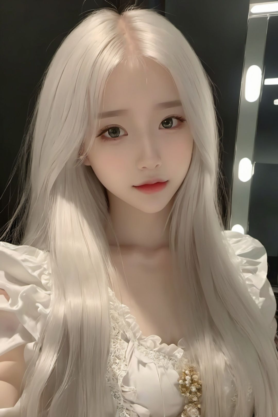 best quality,masterpiece,highres,cg,1girl,Photograph,high resolution,8k,mirror selfie,photo of a petite pretty 24 year-old woman with white long hair,anime art,dark,Gothic,cancer