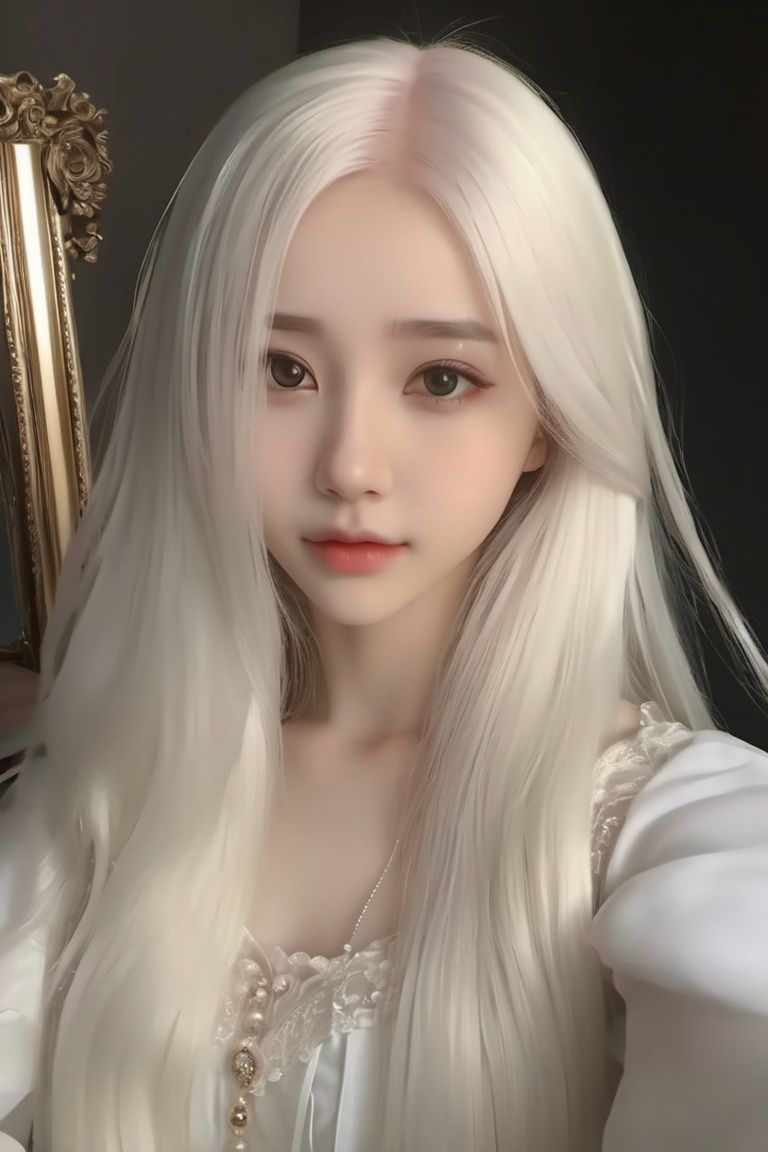 best quality,masterpiece,highres,cg,1girl,Photograph,high resolution,8k,mirror selfie,photo of a petite pretty 24 year-old woman with white long hair,anime art,dark,Gothic,cancer,Dingdall effect,11