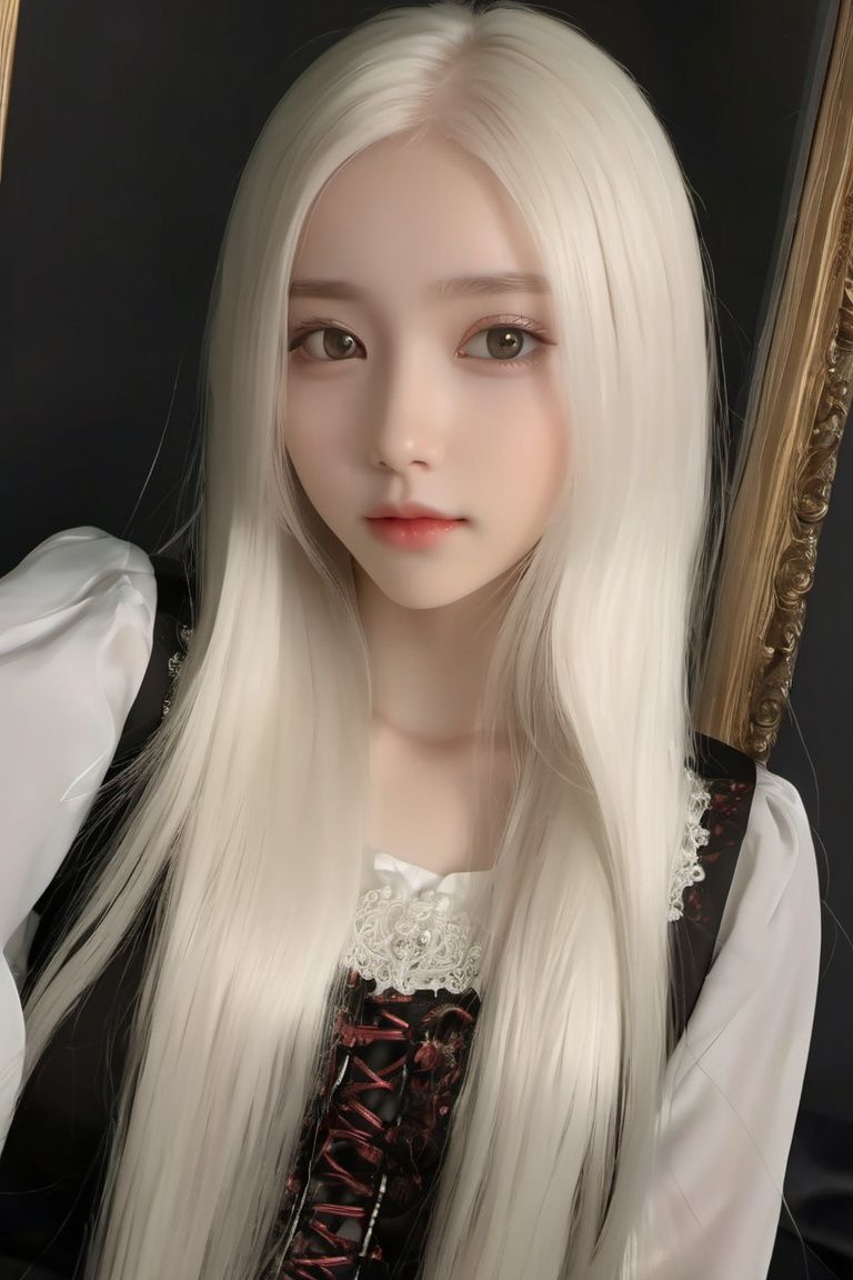 best quality,masterpiece,highres,cg,1girl,Photograph,high resolution,8k,mirror selfie,photo of a petite pretty 24 year-old woman with white long hair,anime art,dark,Gothic,cancer,Dingdall effect,11