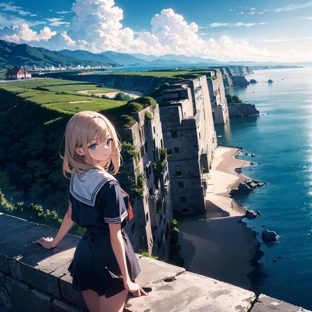 1girl,cute,landscape,summer,detailed sea