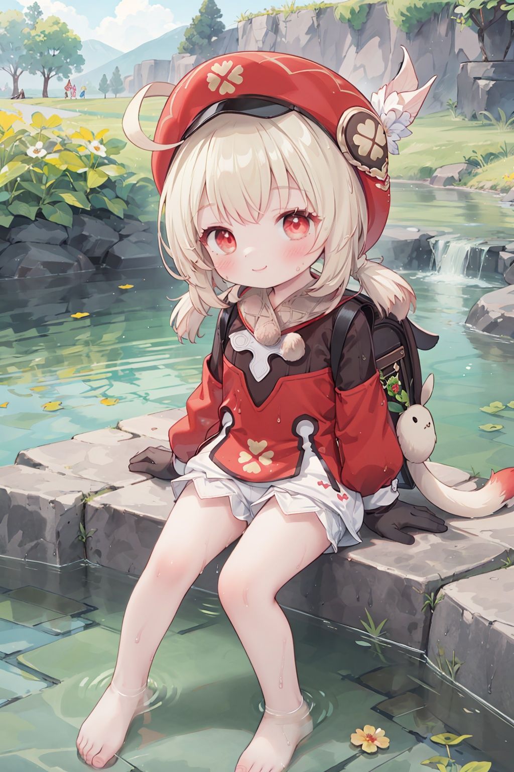 colorful,extremely detailed wallpaper,depth of field,panorama, full body,beautiful detailed background, beautiful detailed water,full body,
(best quality, ultra detailed, big eyes, high resolution, extremely detailed CG, rich in detail),
1girl,solo,(toddler,female child:1.5),
,full body,pond,smile,happy,low twintails,short hair,red clothes, bloomers, backpackspread legs, barefoot,outdoors,sitting,kicking water,(soaking feet:1.4),knees up,
european clothes, flower field, town background, red hat,four-leaf clover,brown gloves,
blonde hair,red eyes,klee (genshin impact),dodoco \(genshin impact\),